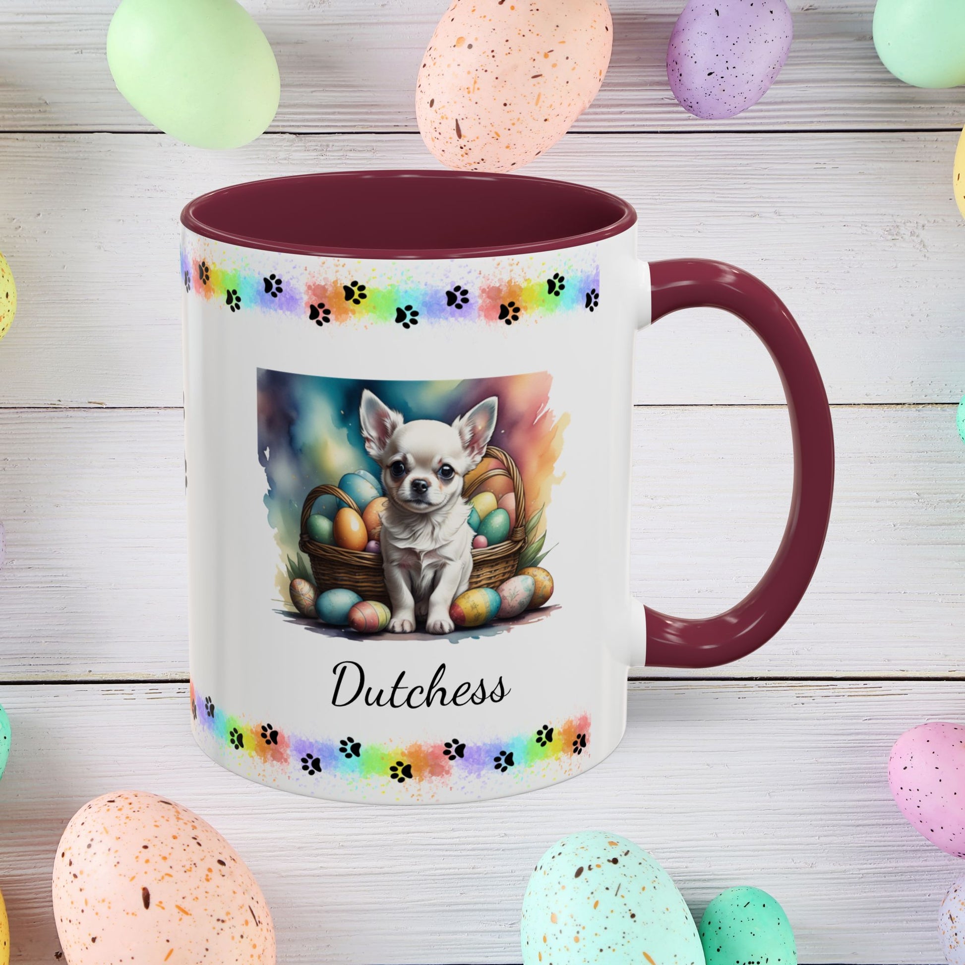 Chihuahua (White): Personalized Easter Puppy Coffee Mug - Adorable Dog Design, Mental Health Gift, 11oz & 15oz, 12 Color Choices, Easter Gifts & Décor