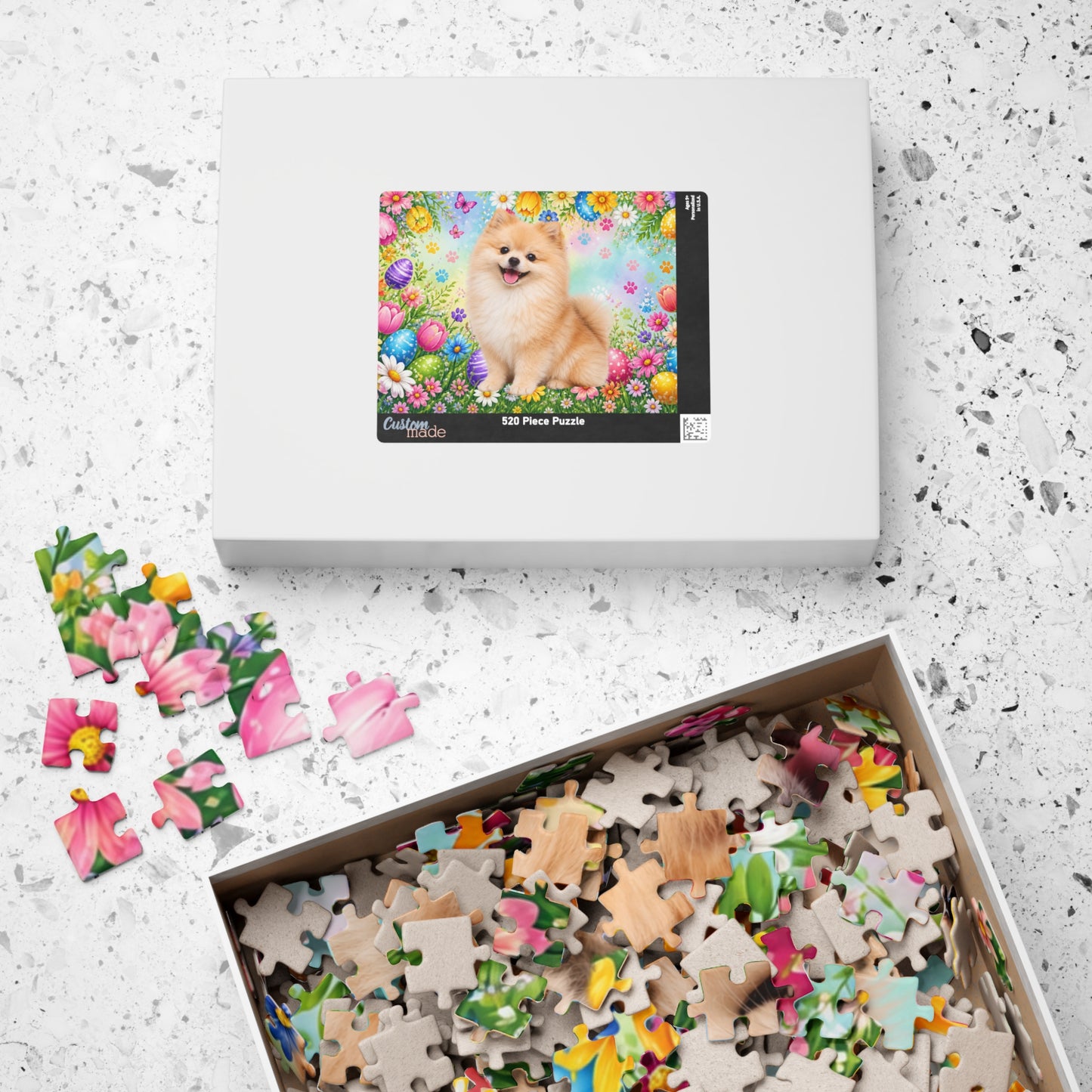 Pomeranian (Cream Sable) Easter Puppy Puzzle - Spring Garden with Eggs, Tulips, and Daisies