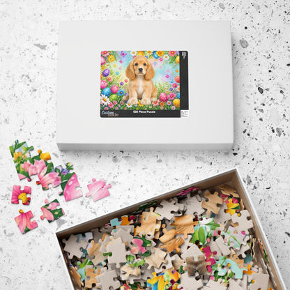 American Cocker Spaniel (Lemon & White) Easter Puppy Puzzle - Spring Garden with Eggs, Tulips, and Daisies