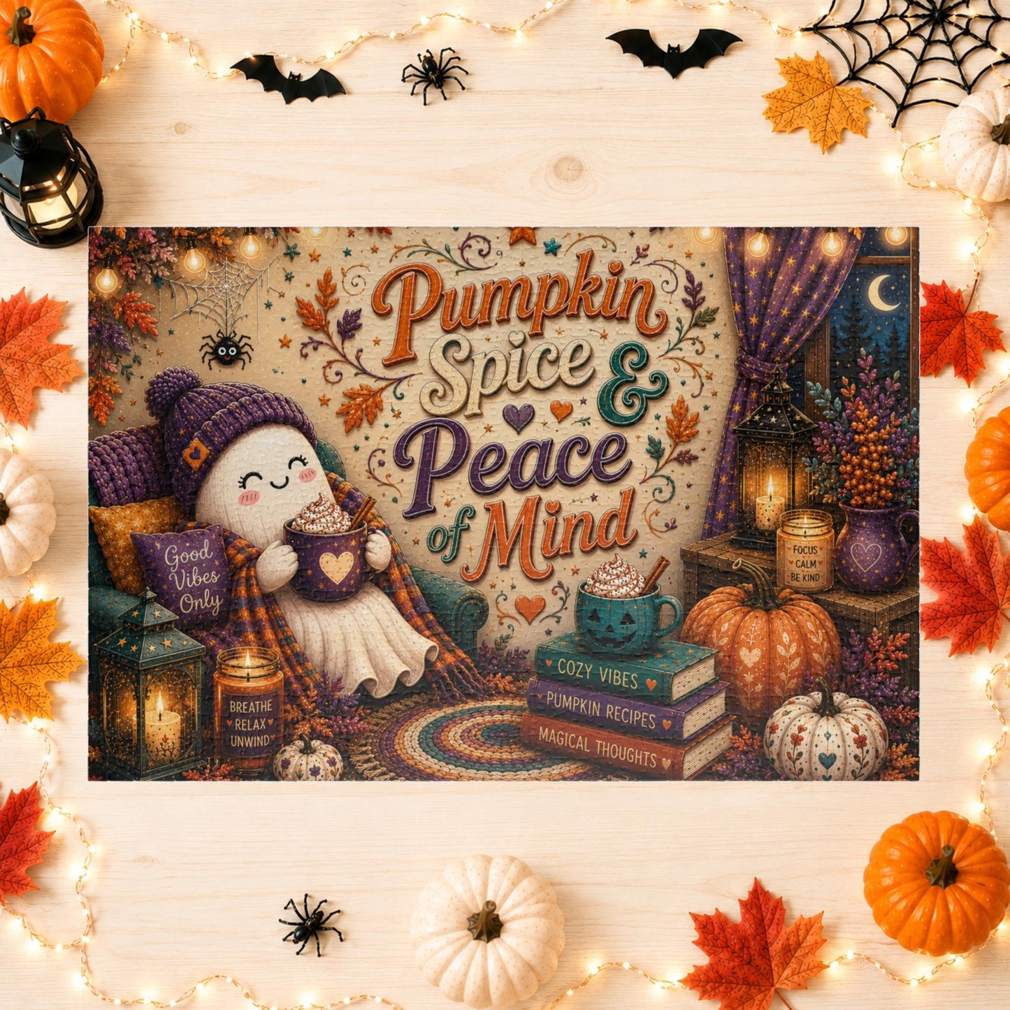 Pumpkin Spice and Peace of Mind Halloween Puzzle - Cozy Ghost with Heart Mug, Good Vibes Pillow, and Pumpkin Recipe Books