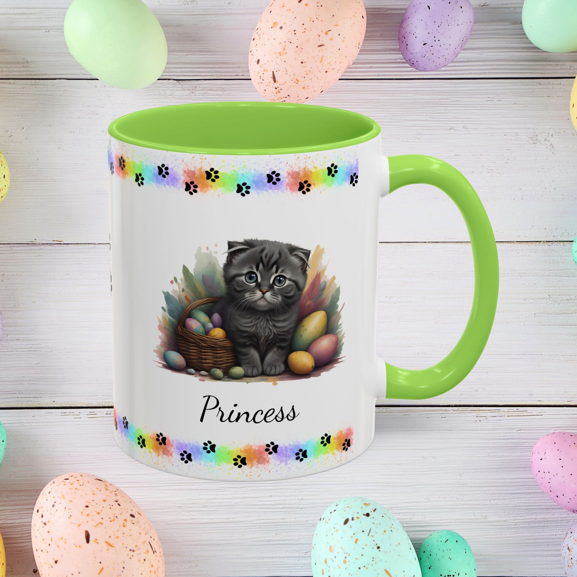 Scottish Fold: Personalized Easter Kitten Coffee Mug - Adorable Cat Design, Mental Health Gift, 11oz & 15oz, 12 Color Choices, Easter Gifts & Décor