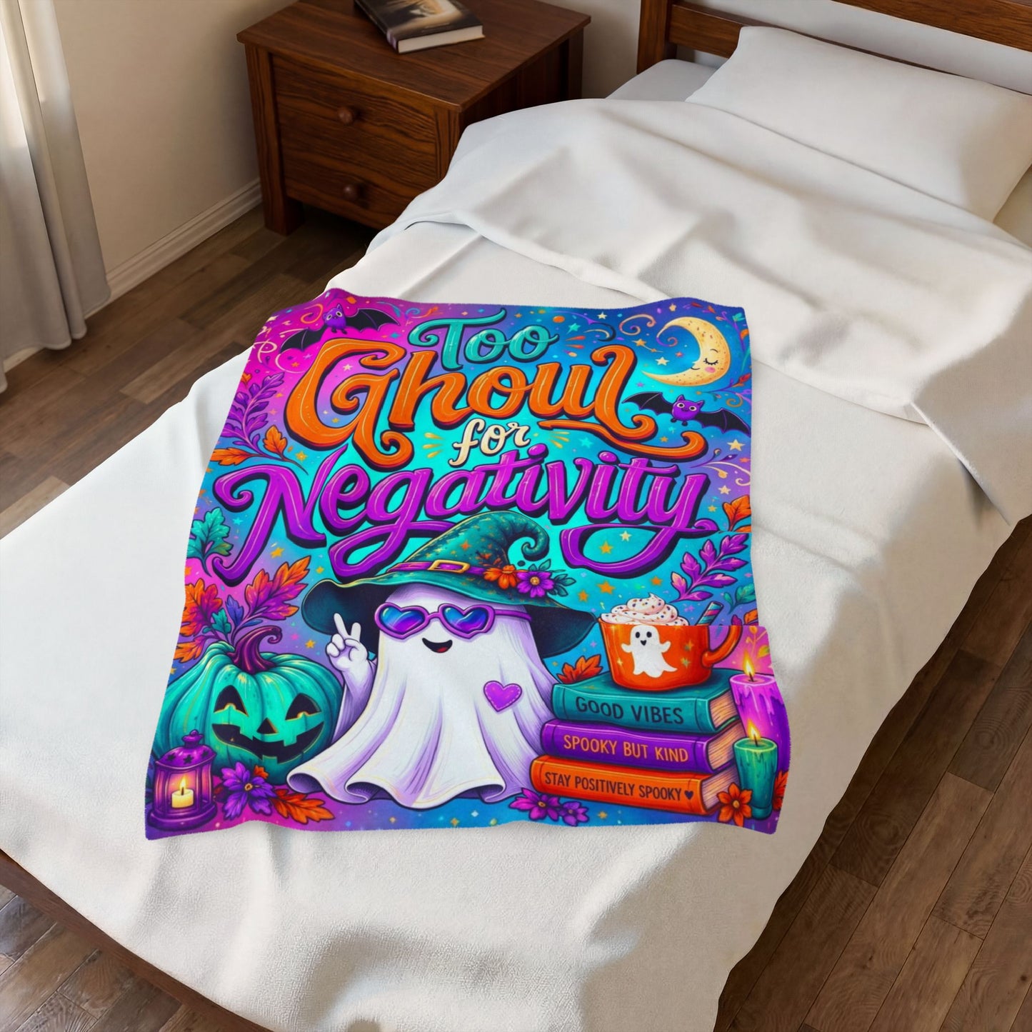 Too Ghoul for Negativity Velveteen Blanket - Ghost with Peace Sign and Good Vibes Spooky But Kind Books