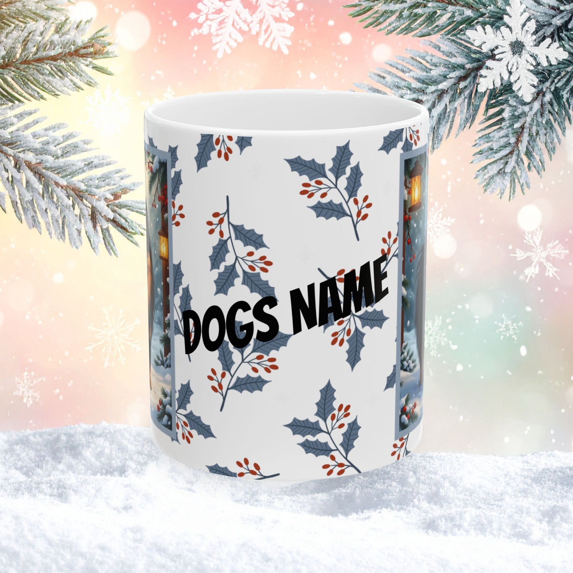 Pomeranian (Black & Tan) Winter Mug - black and tan pomeranian illustrated standing in a winter scene with snowy background