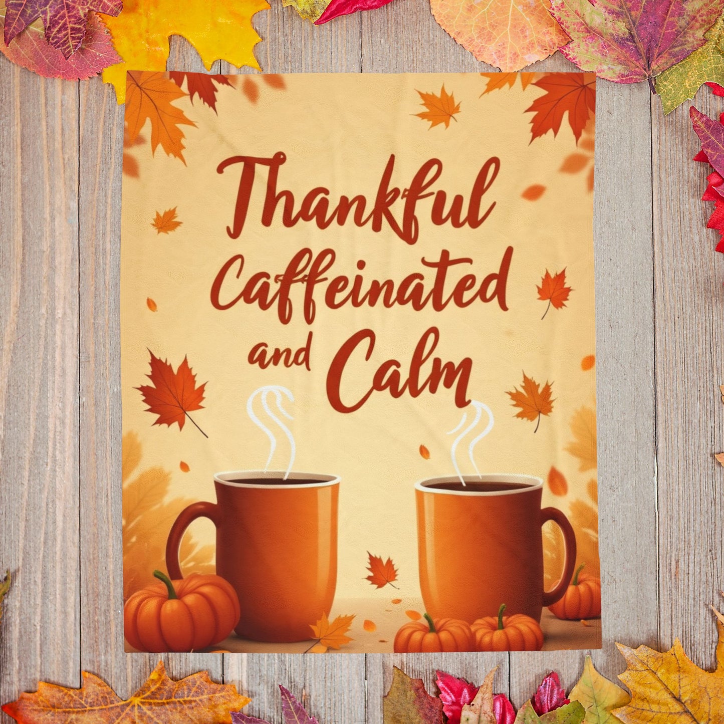 Funny cozy blanket with “Thankful, Caffeinated, and Calm,” playful Thanksgiving coffee theme.