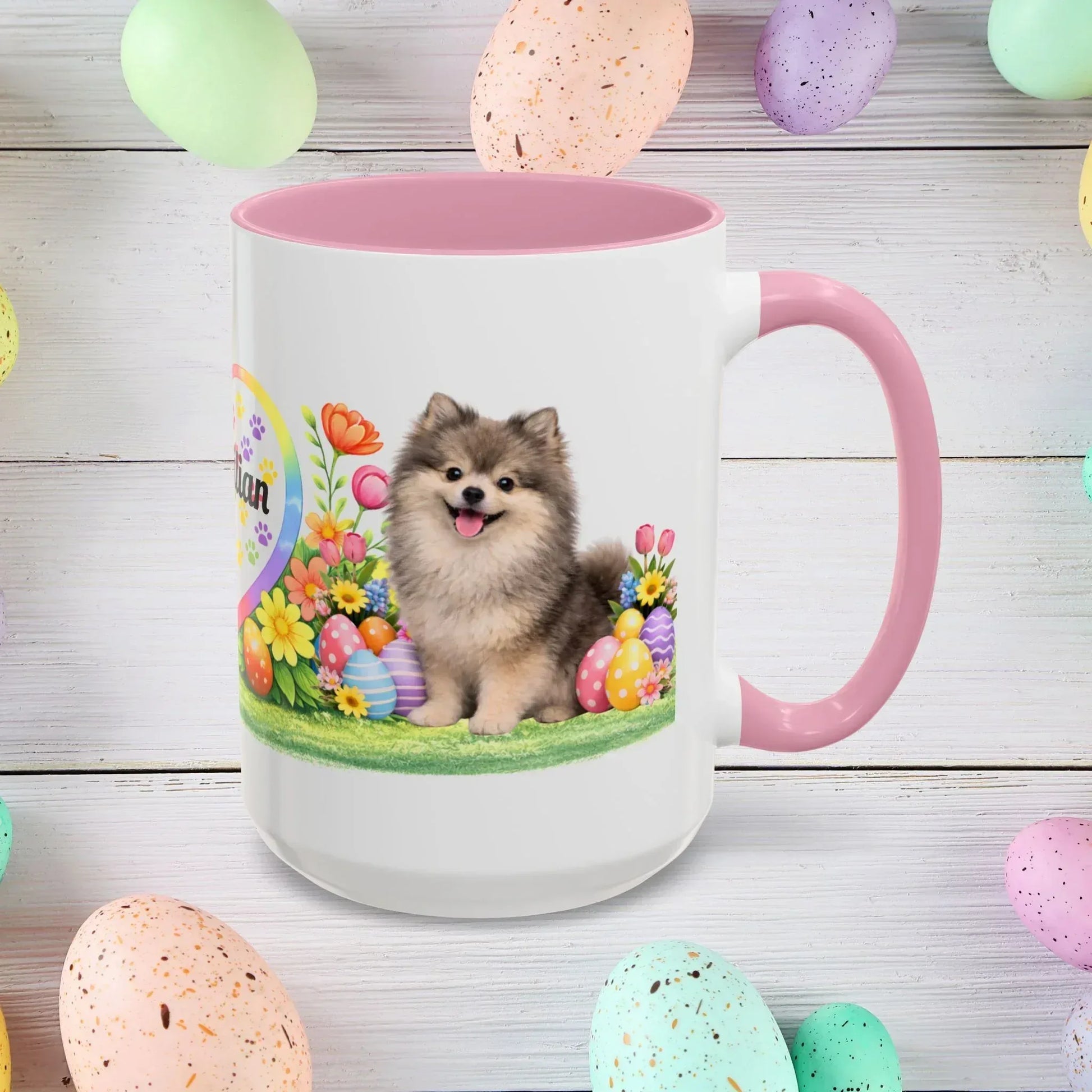 Shop our pomeranian wolf sable puppy easter mug featuring the 15oz style option from MySisterIsASurvivor.