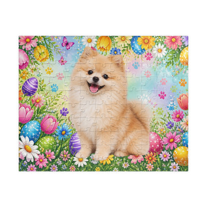 Pomeranian (Cream Sable) Easter Puppy Puzzle - Spring Garden with Eggs, Tulips, and Daisies