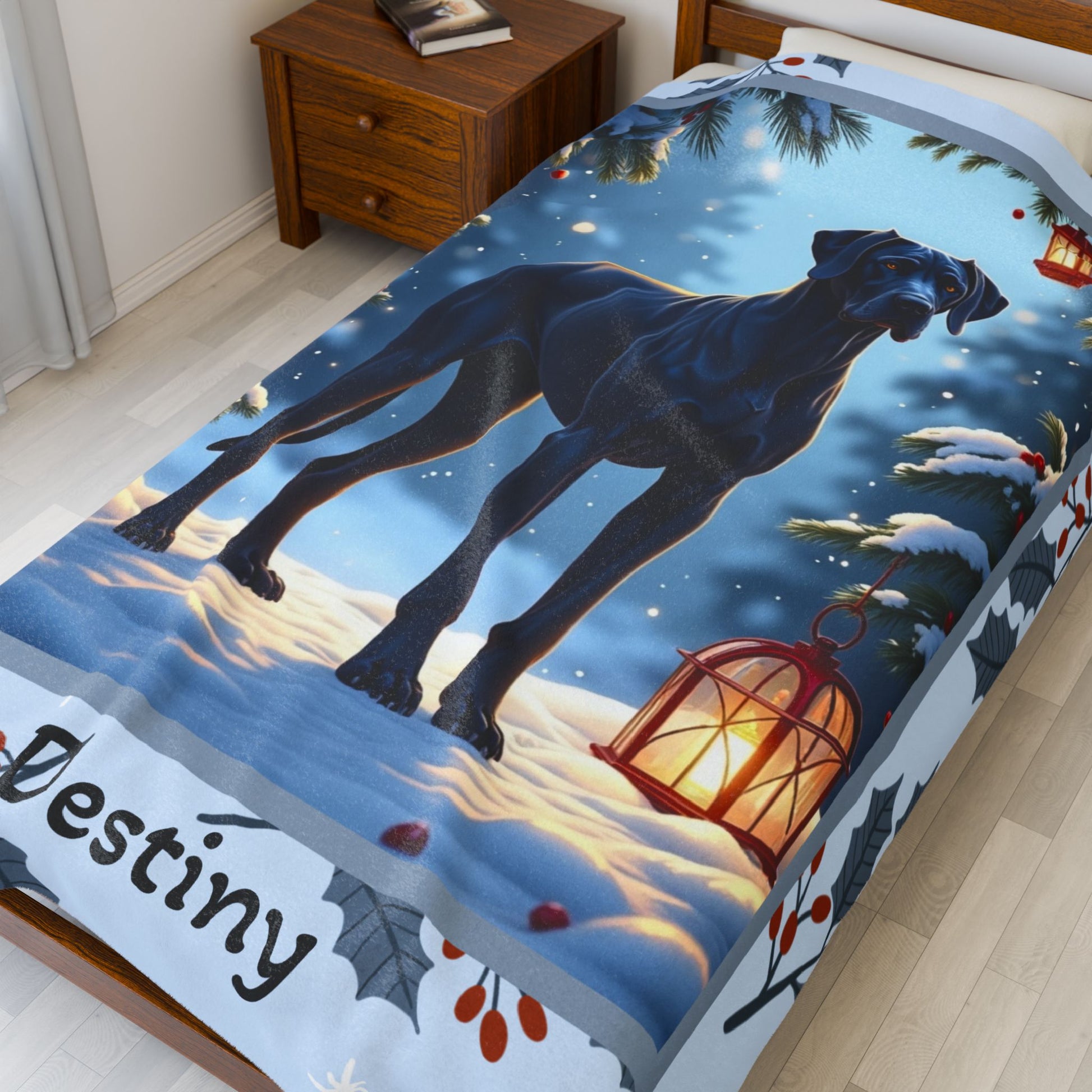 Great Dane Blue personalized winter throw with elegant Great Dane artwork in a bright winter lodge scene