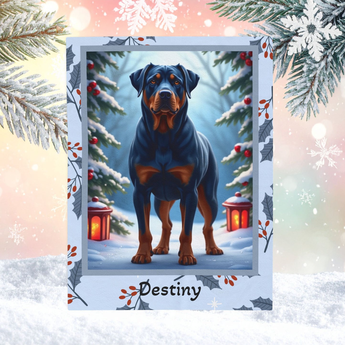 Rottweiler Blue custom winter blanket featuring a strong blue Rottweiler in a cozy lodge-style winter scene