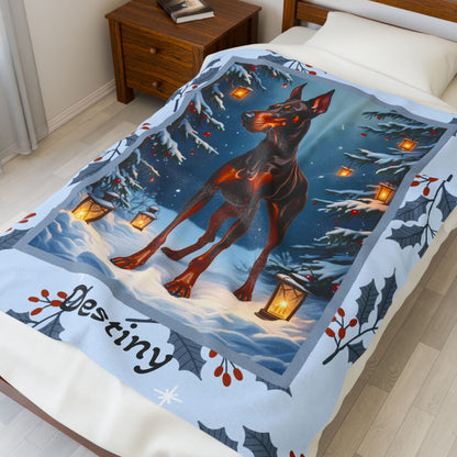 Doberman Red and Rust personalized winter blanket with bold Doberman art and cozy glowing winter lodge details