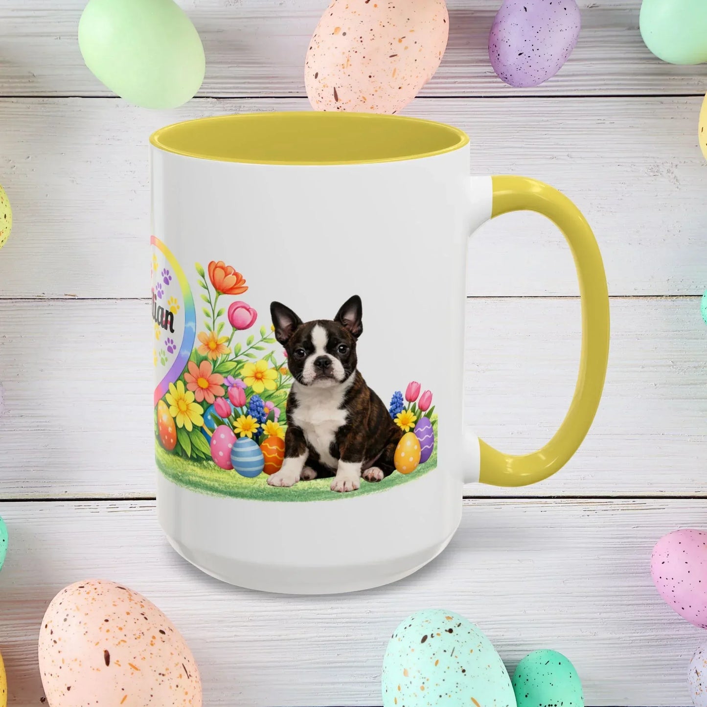 Shop our premium boston terrier brindle puppy easter mug from MySisterIsASurvivor.