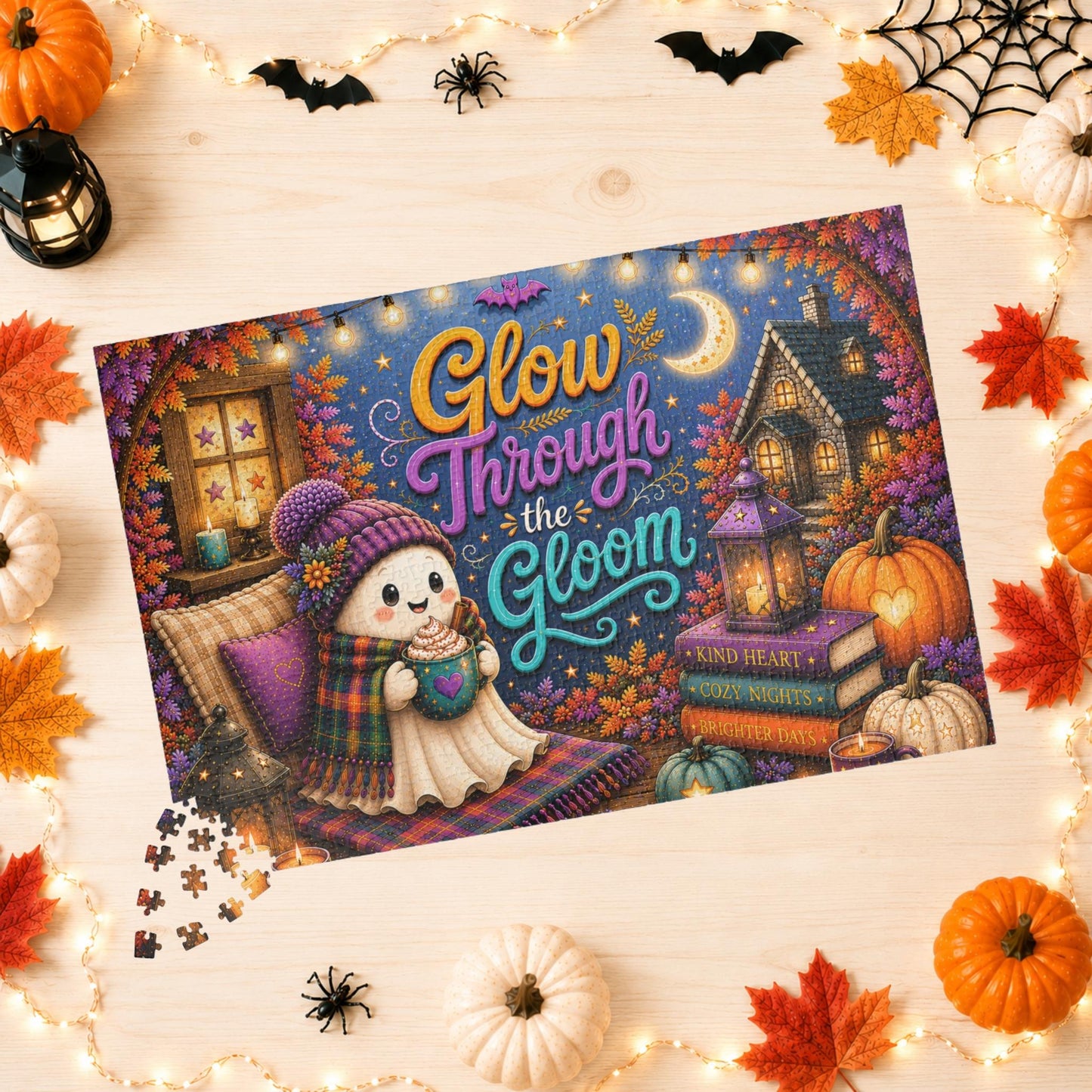 Glow Through the Gloom Halloween Puzzle - Cozy Ghost with Heart Mug, Kind Heart Books, and Cottage