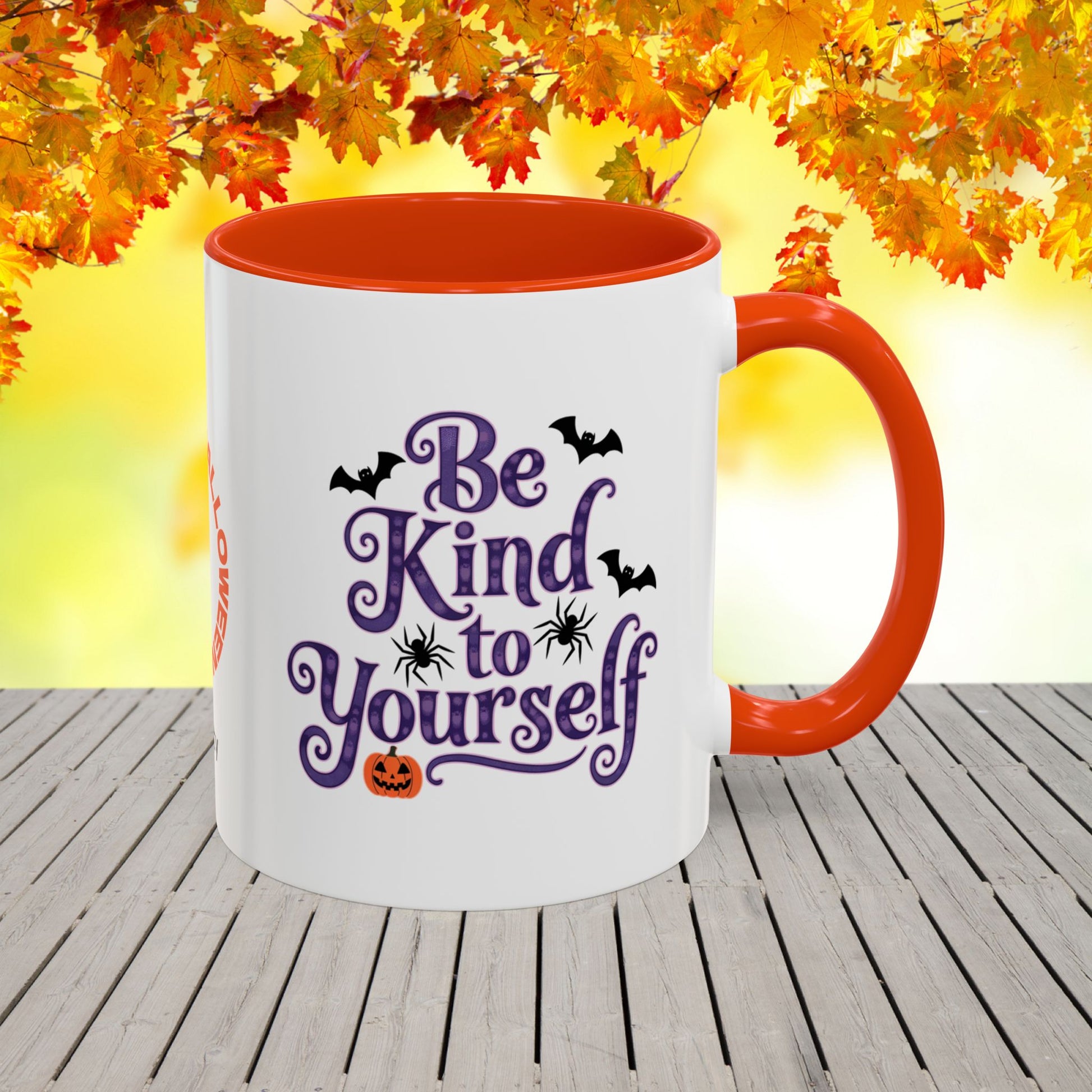 Be Kind To Yourself Halloween Mug -custom name coffee cup with uplifting fall message