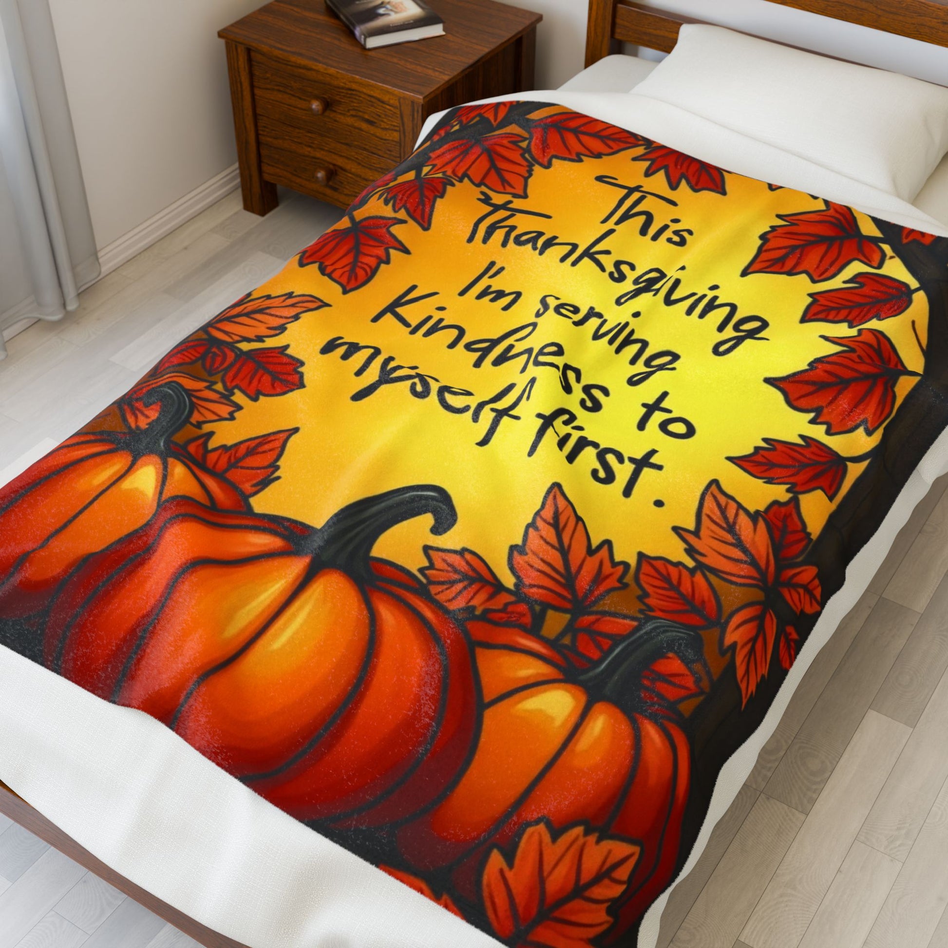 Self-care blanket with “Serving Kindness to Myself First,” Thanksgiving mindfulness design.