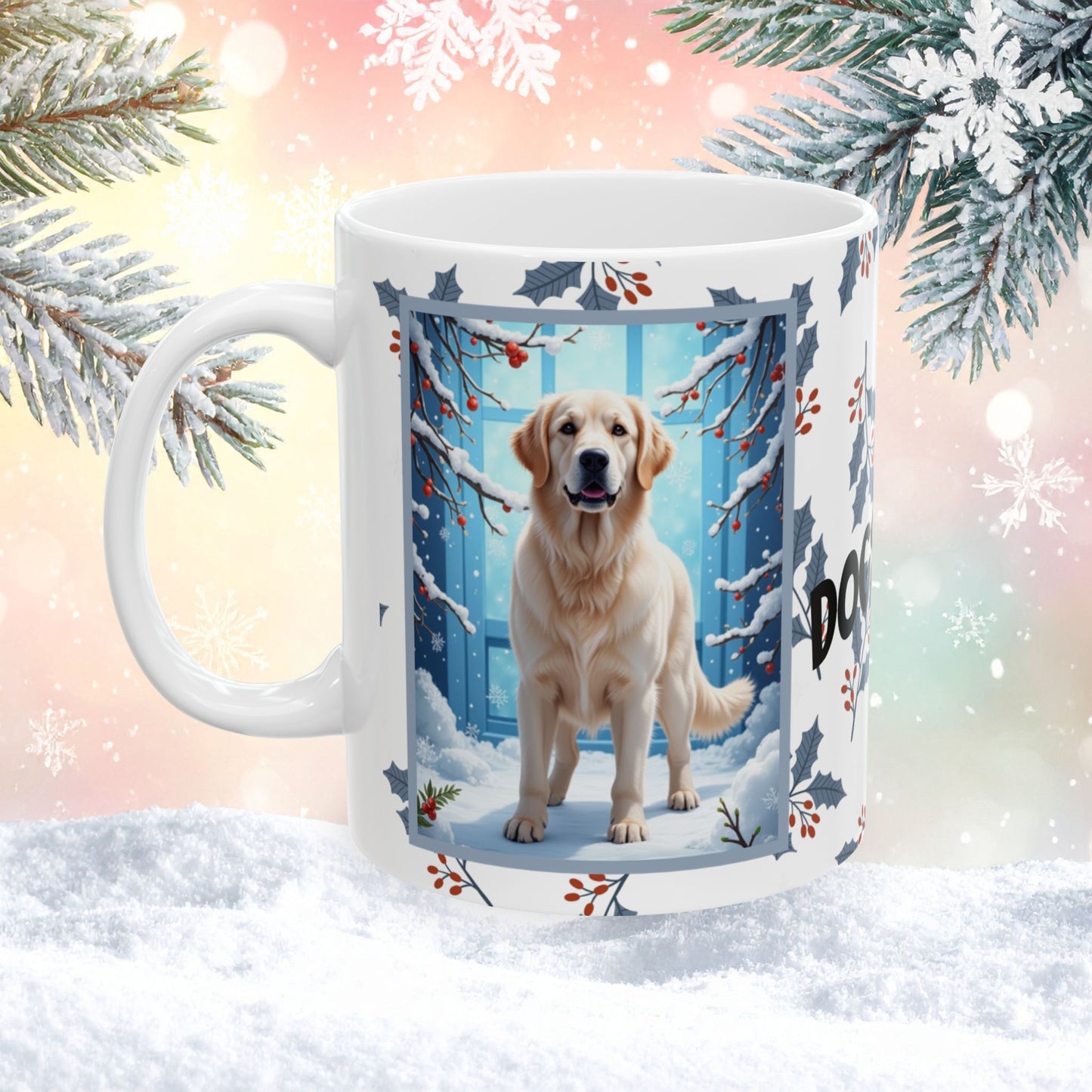 Golden Retriever (White) Winter Mug - white Golden Retriever artwork standing in a peaceful winter scene with snow