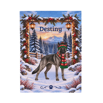 Belgian Malinois (Gray Sable Coat) - Custom Dog Name Velveteen Throw, Personalized Winter Cabin Gift