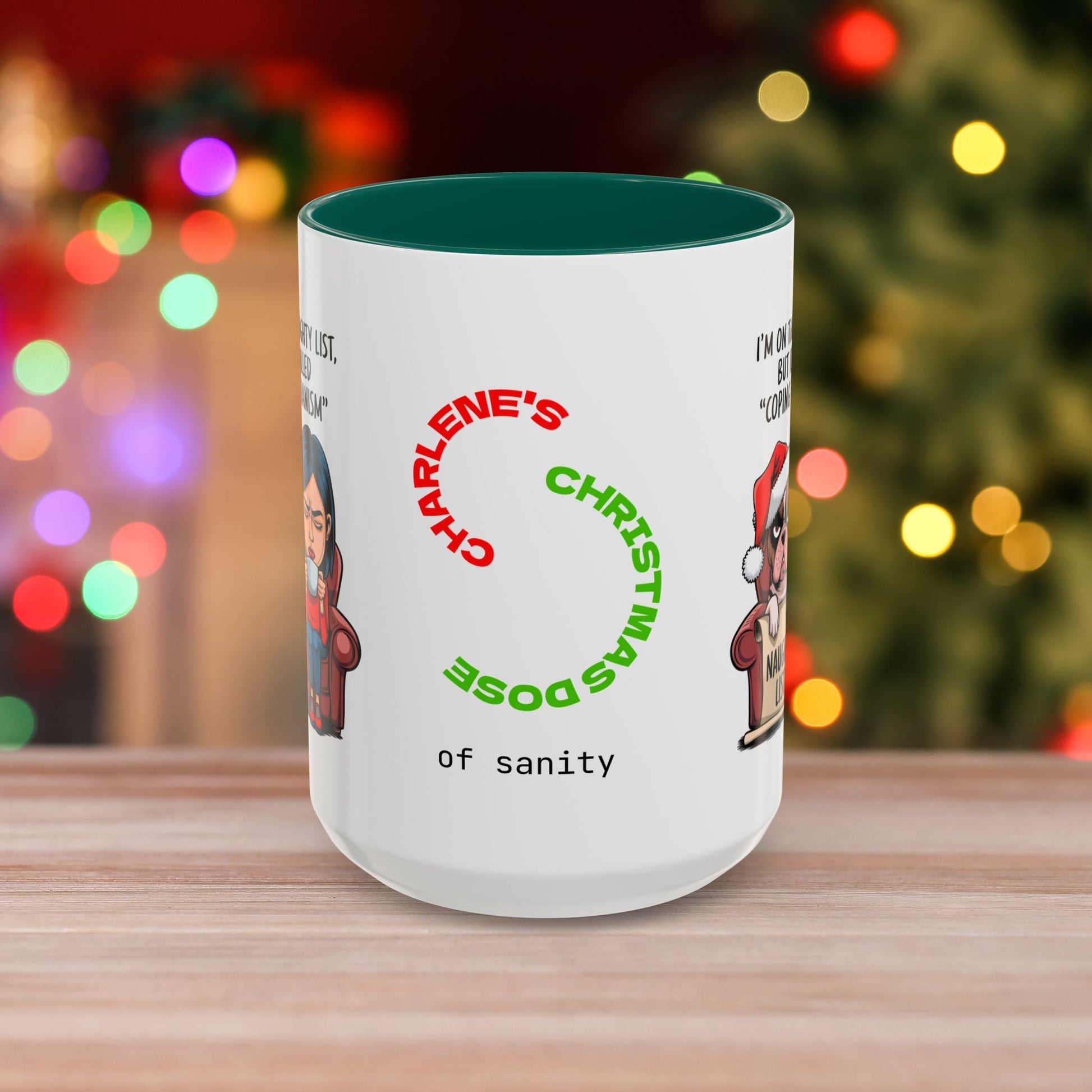 I'm On The Naughty List, But It's Called 'Coping Mechanism' – Christmas Mug with Female and Dog Design and Accent Color