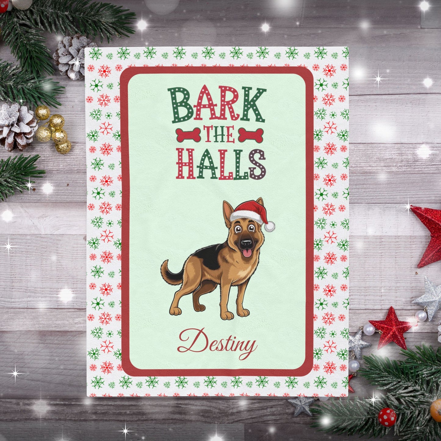 German Shepherd Personalized Velveteen Blanket - Breed-specific cozy Bark The Halls dog throw