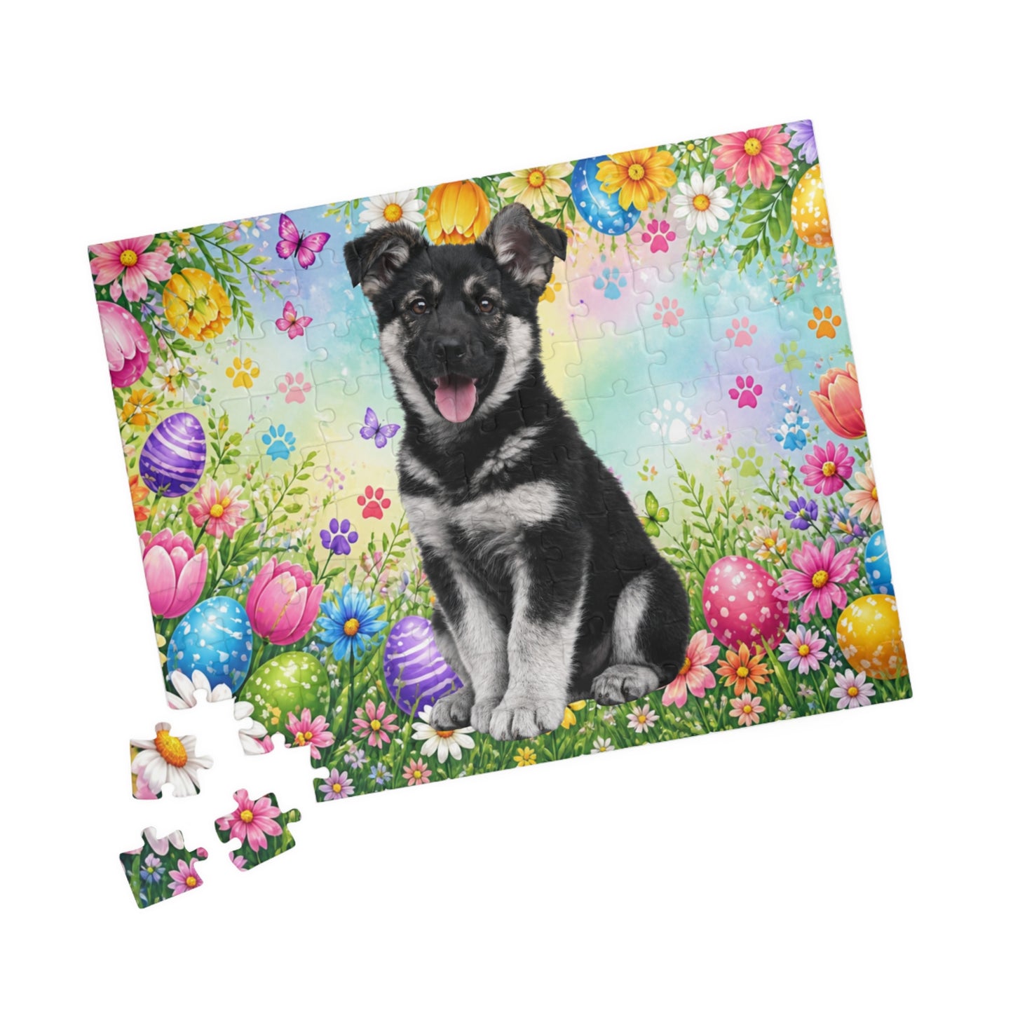 German Shepherd (Black & Silver) Easter Puppy Puzzle - Flowers, Eggs, and Spring Fun