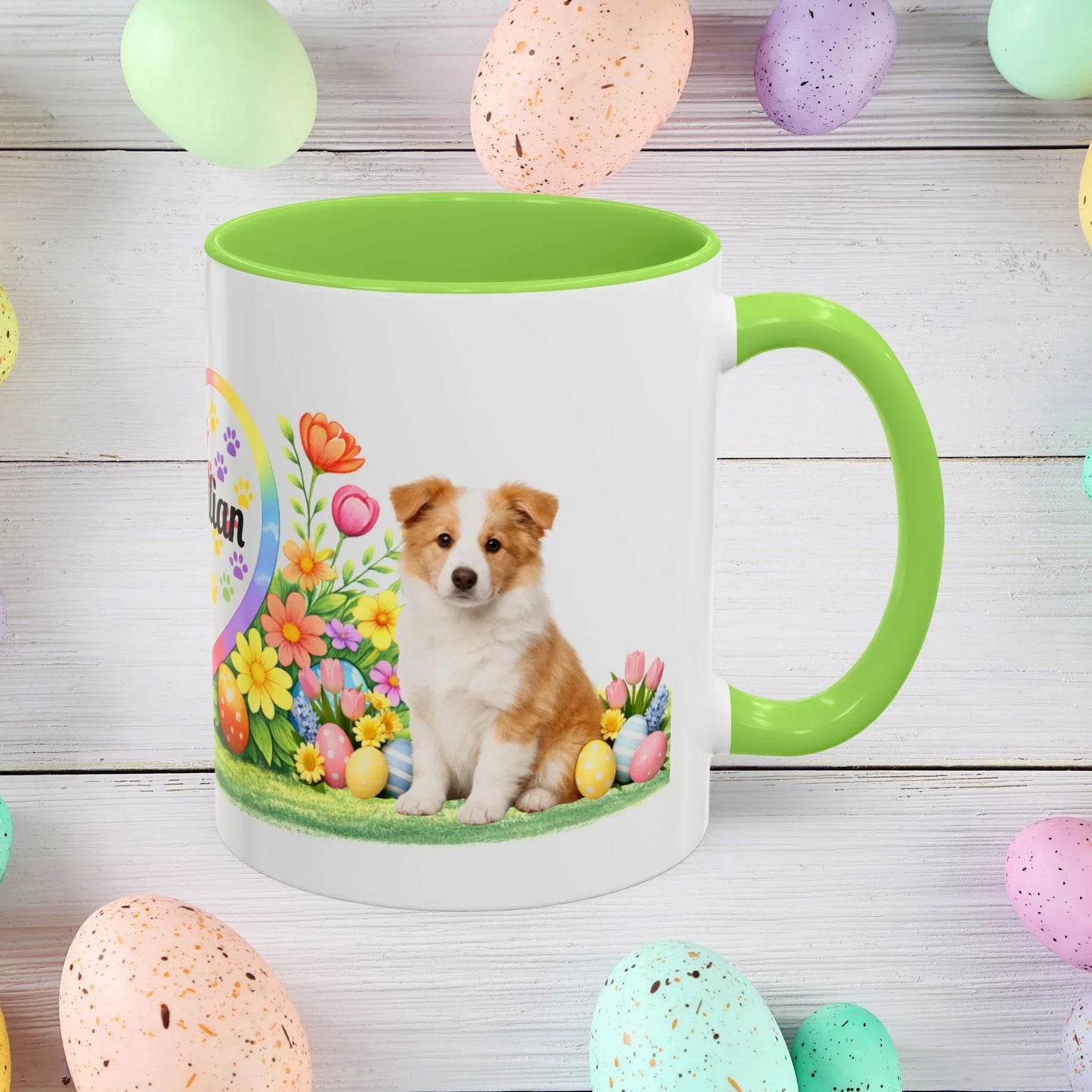 Shop our border collie gold puppy easter mug featuring the 11oz style option from MySisterIsASurvivor.
