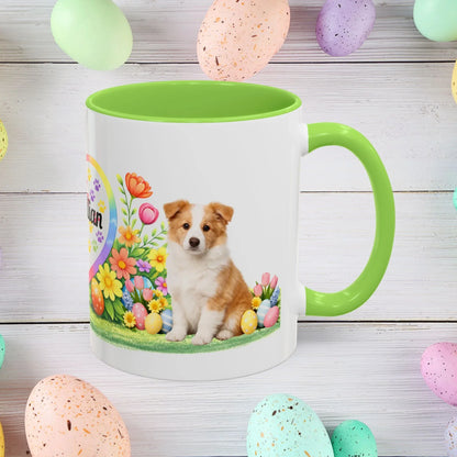 Shop our border collie gold puppy easter mug featuring the 11oz style option from MySisterIsASurvivor.