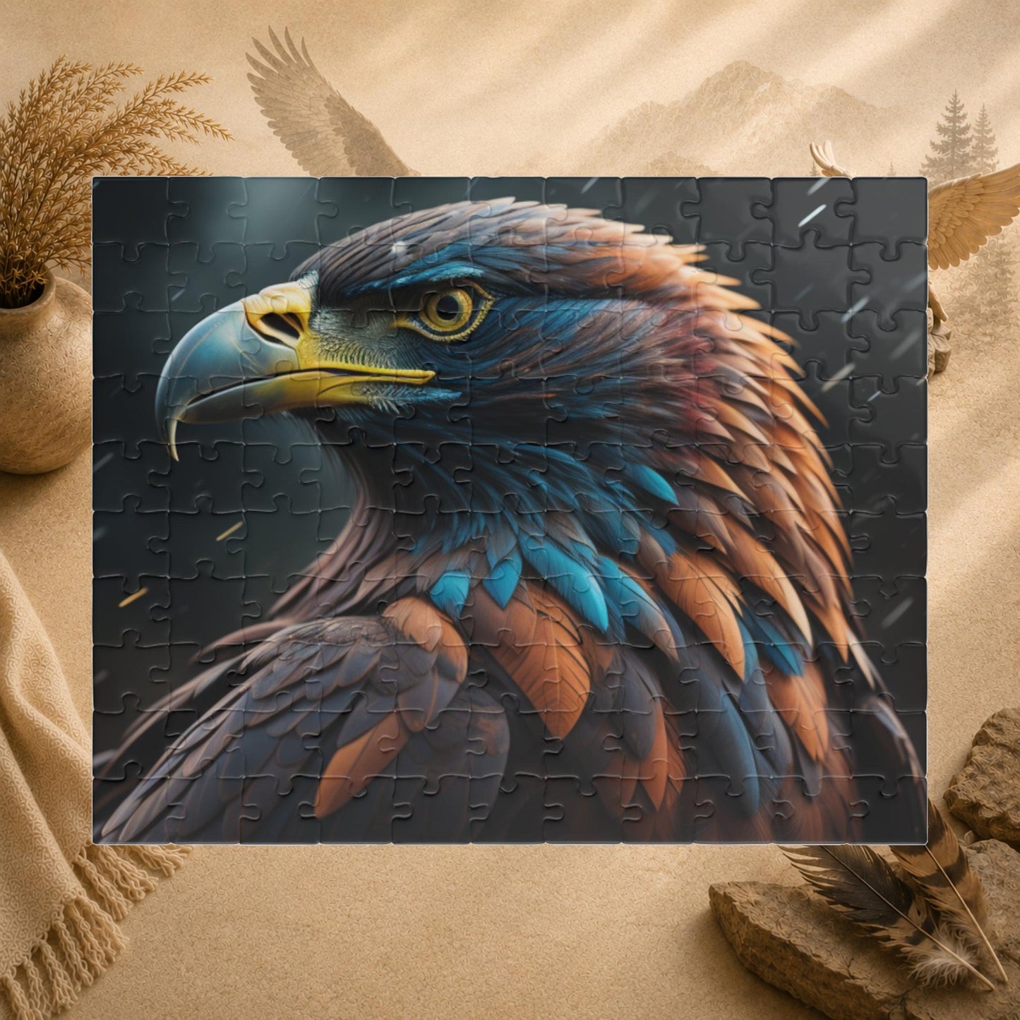 Eagle's Inspiration - Naturalistic Eagle Portrait Puzzle with Warm Brown Feathers and Stormy Background