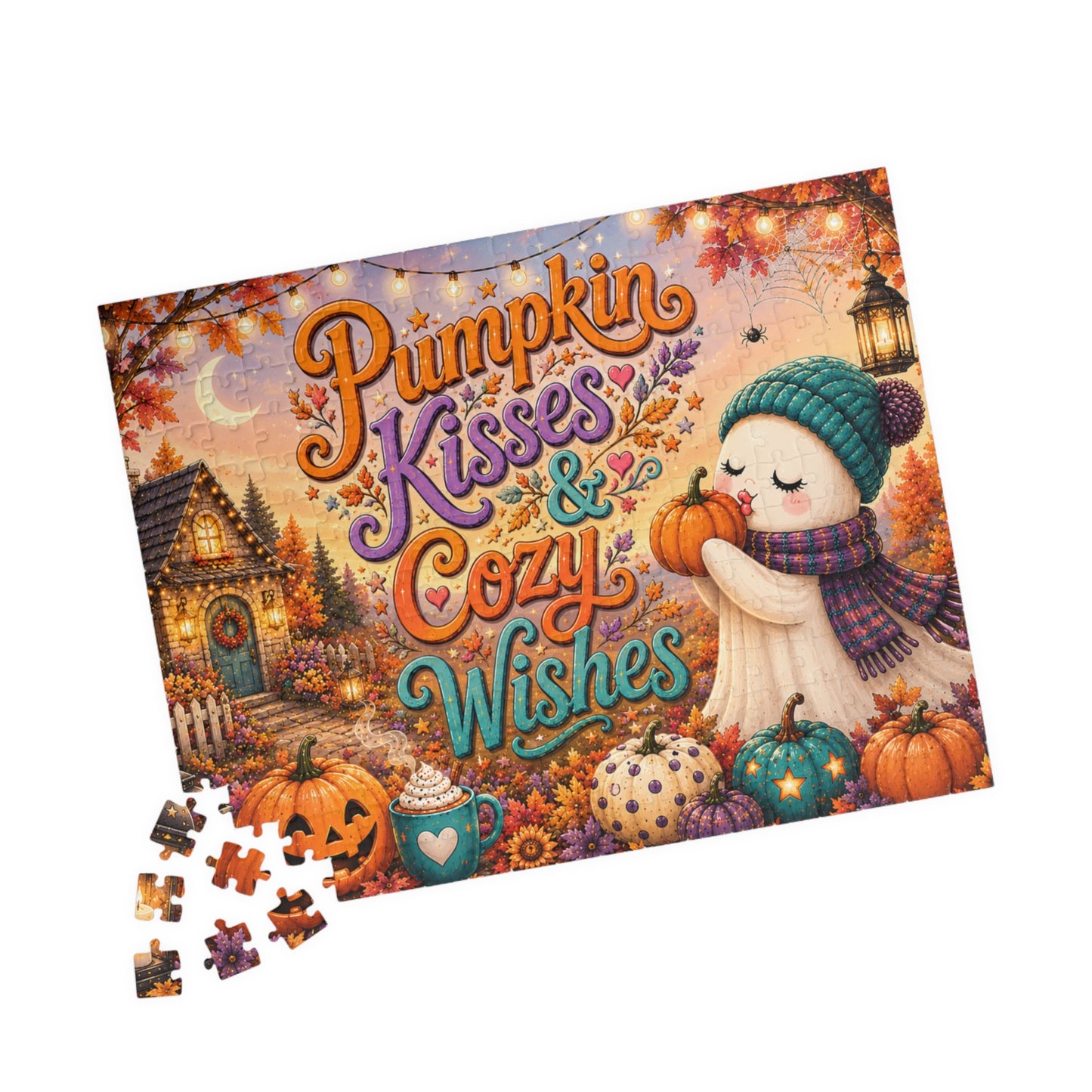 Pumpkin Kisses & Cozy Wishes Halloween Puzzle - Beanie Ghost with Pumpkins, Heart Mug, and Fall Leaves