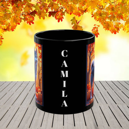 Dark Grey Siberian Husky (Amber Eyes) autumn coffee mug, personalized gift for Husky lovers this fall