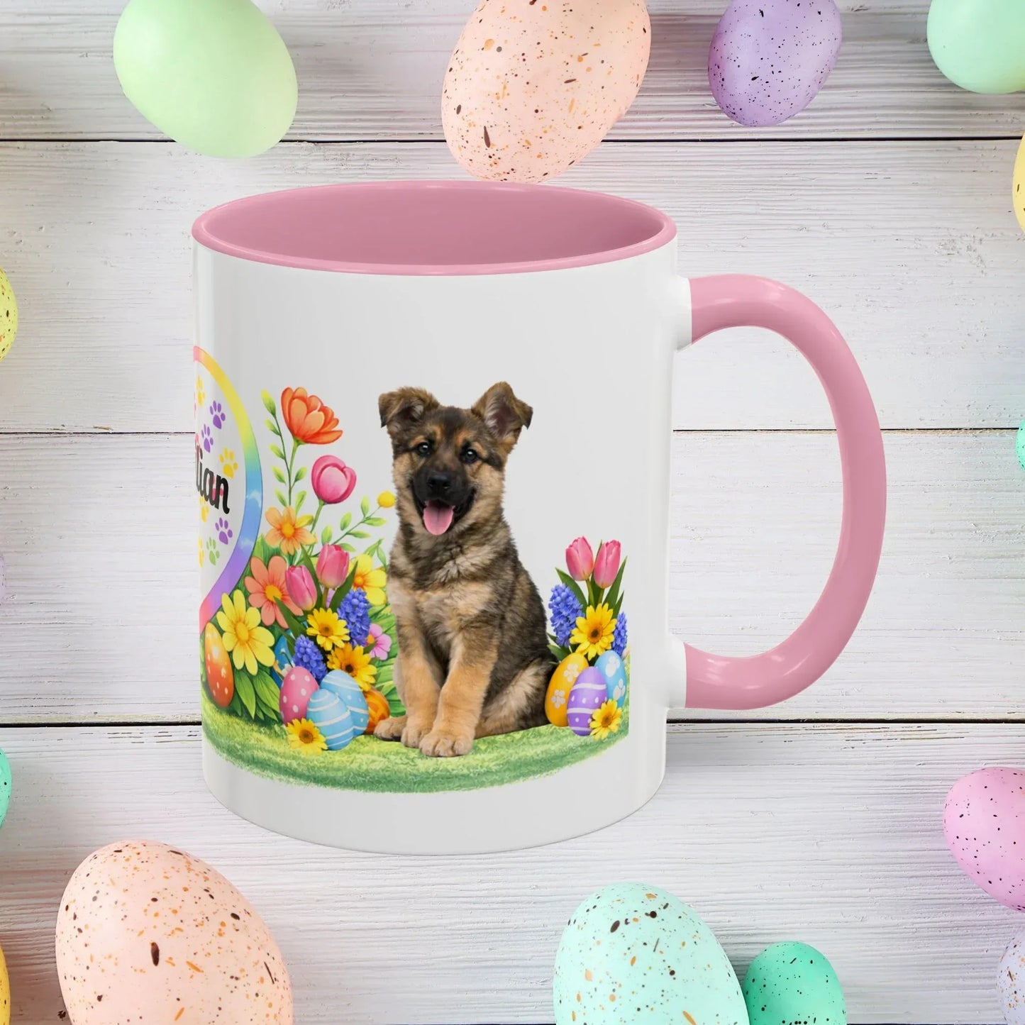 Shop our german shepherd sable puppy easter mug featuring the 11oz style option from MySisterIsASurvivor.