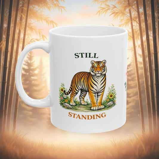 Shop our still standing tiger mug featuring the 15oz style option from MySisterIsASurvivor.