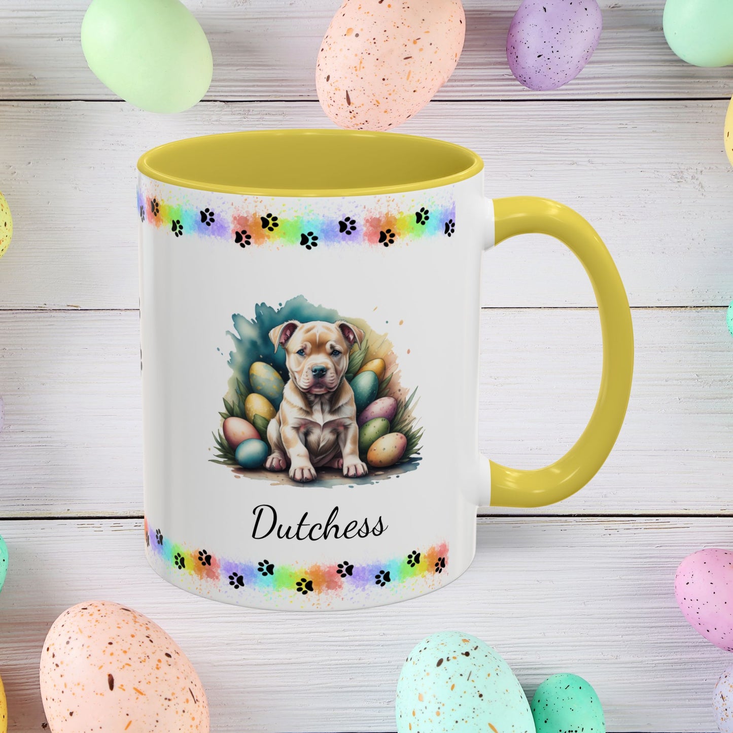 Pitbull (Tan): Personalized Easter Puppy Coffee Mug - Adorable Dog Design, Mental Health Gift, 11oz & 15oz, 12 Color Choices, Easter Gifts & Décor