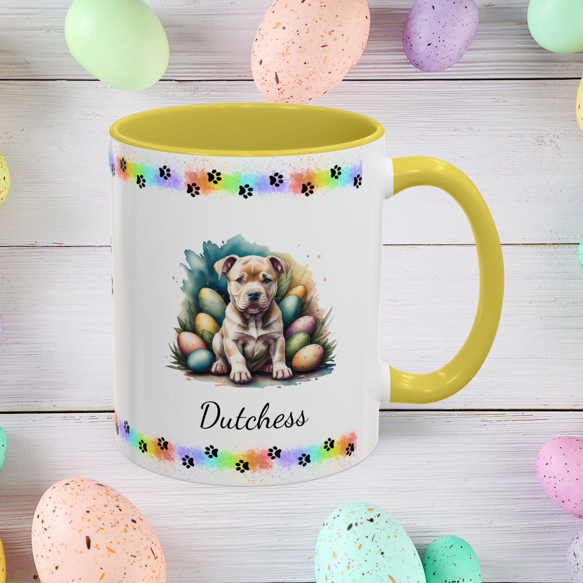 Pitbull (Tan): Personalized Easter Puppy Coffee Mug - Adorable Dog Design, Mental Health Gift, 11oz & 15oz, 12 Color Choices, Easter Gifts & Décor