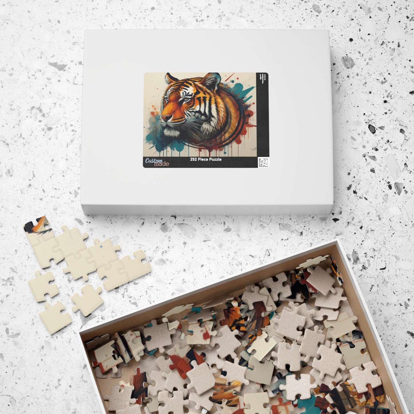 The Resilient Tiger - Expressive Tiger Puzzle with Circular Brushstroke and Paint Drips on White