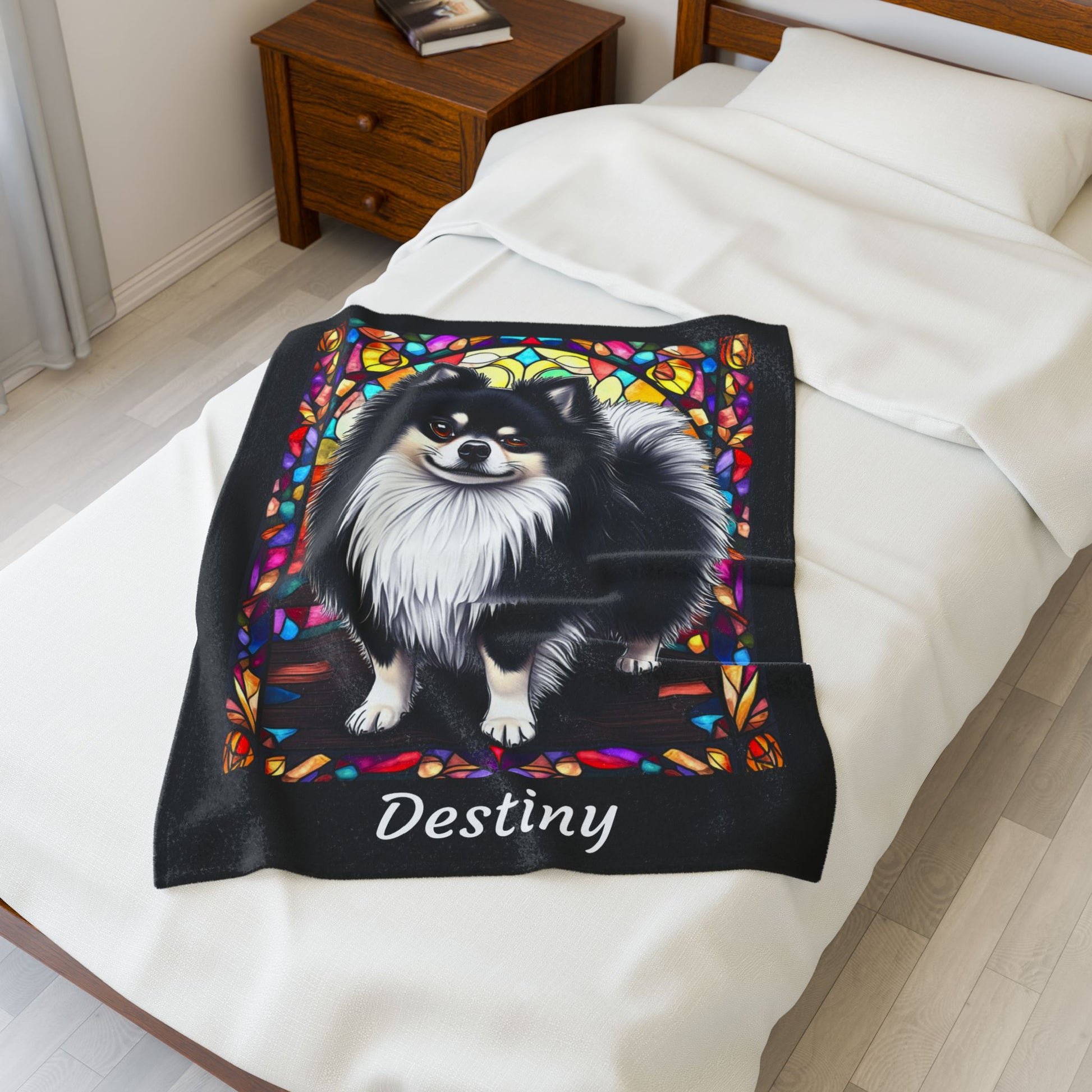 Pomeranian Black & White Coat Blanket, Velveteen Plush Stained Glass Dog Throw, Pet Lover Gift