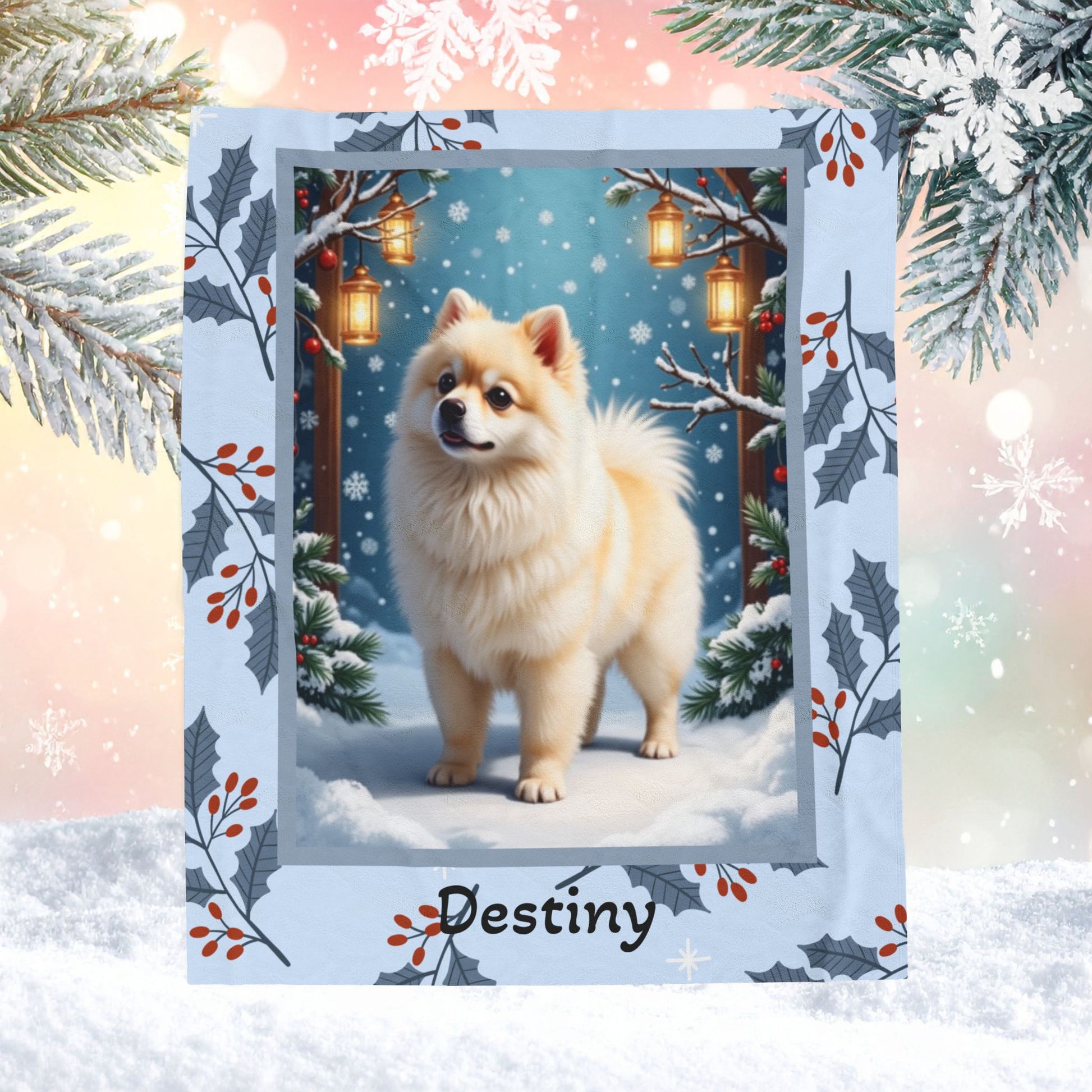 Pomeranian White and Cream personalized winter throw featuring a fluffy Pom in a glowing lodge winter scene