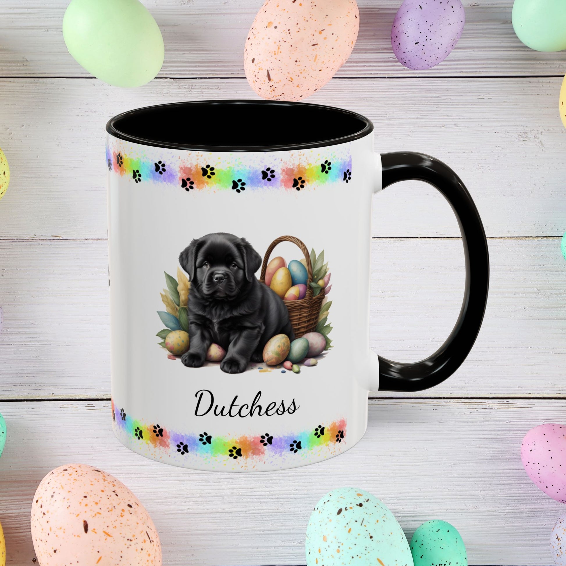 Newfoundland (Black): Personalized Easter Puppy Coffee Mug - Adorable Dog Design, Mental Health Gift, 11oz & 15oz, 12 Color Choices, Easter Gifts & Décor