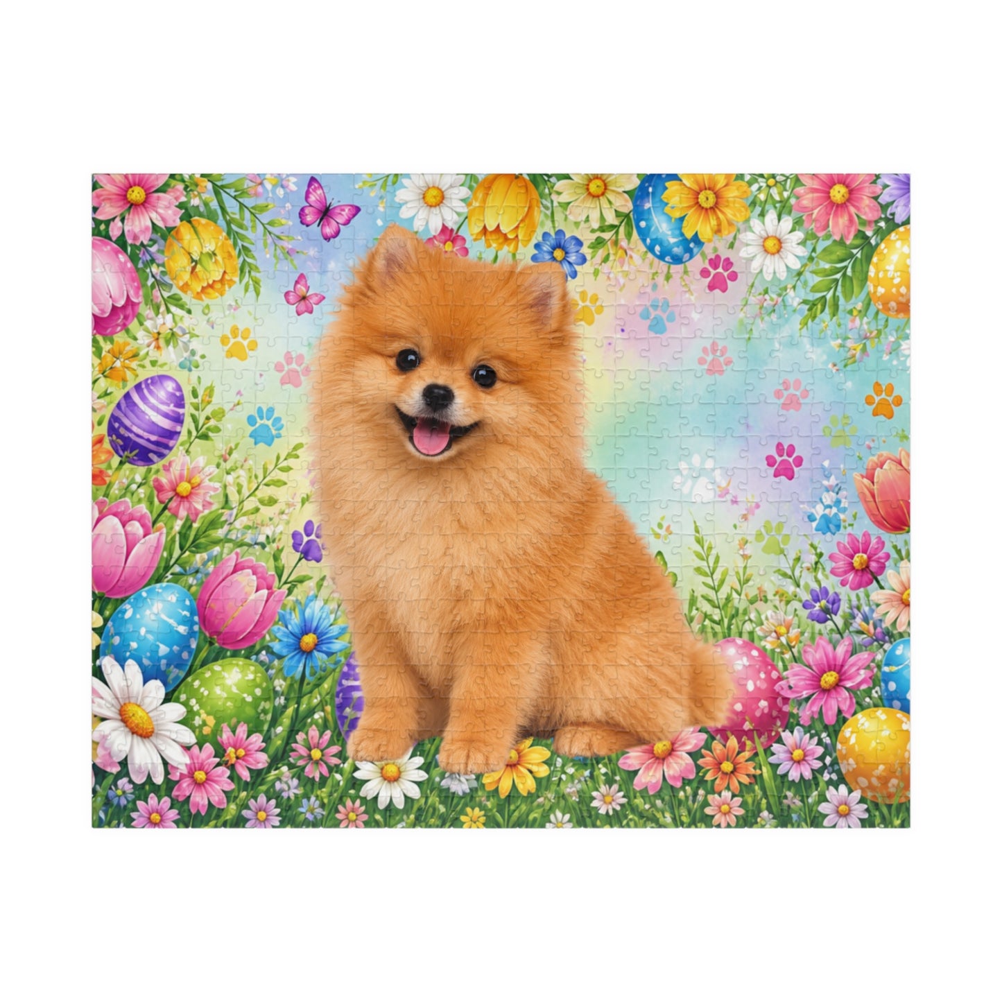 Pomeranian (Orange) Easter Puppy Puzzle - Spring Garden with Eggs, Tulips, and Daisies