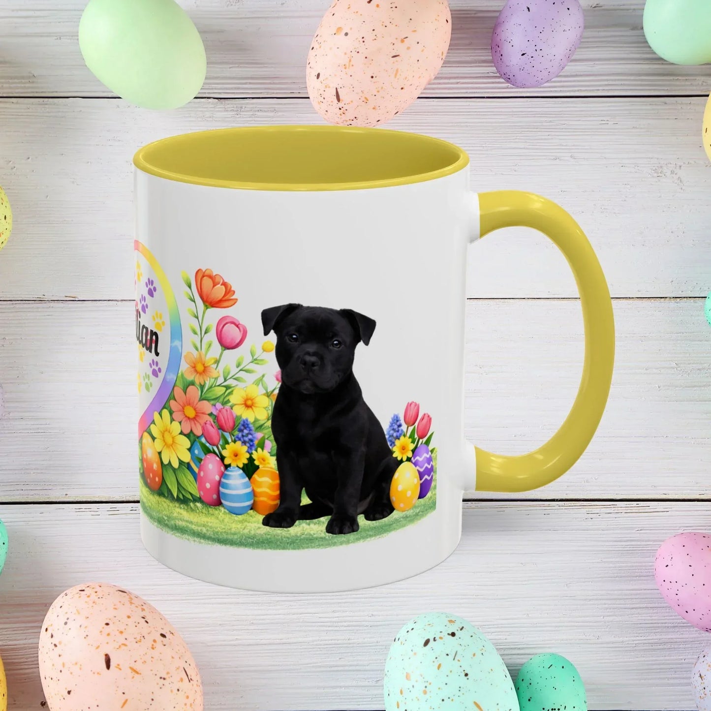 Shop our pitbull black puppy easter mug featuring the 15oz style option from MySisterIsASurvivor.