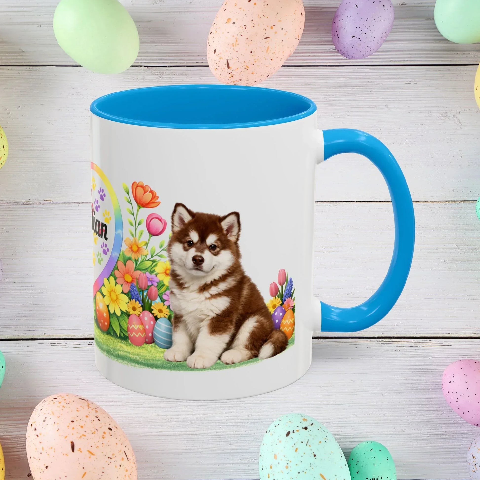 Shop our alaskan malamute red white puppy easter mug featuring the 11oz style option from MySisterIsASurvivor.