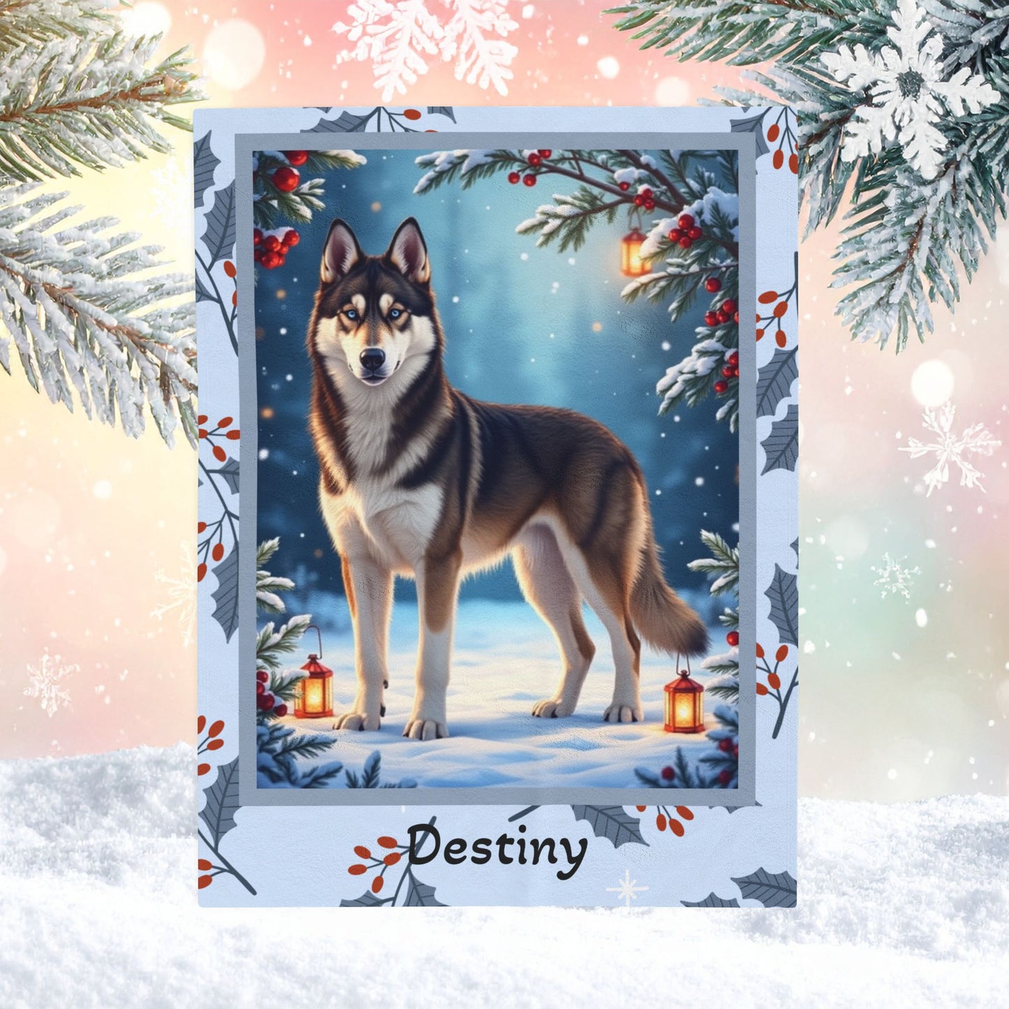 Husky Agouti and White custom winter blanket featuring an Arctic Husky in a bright cozy lodge-style scene