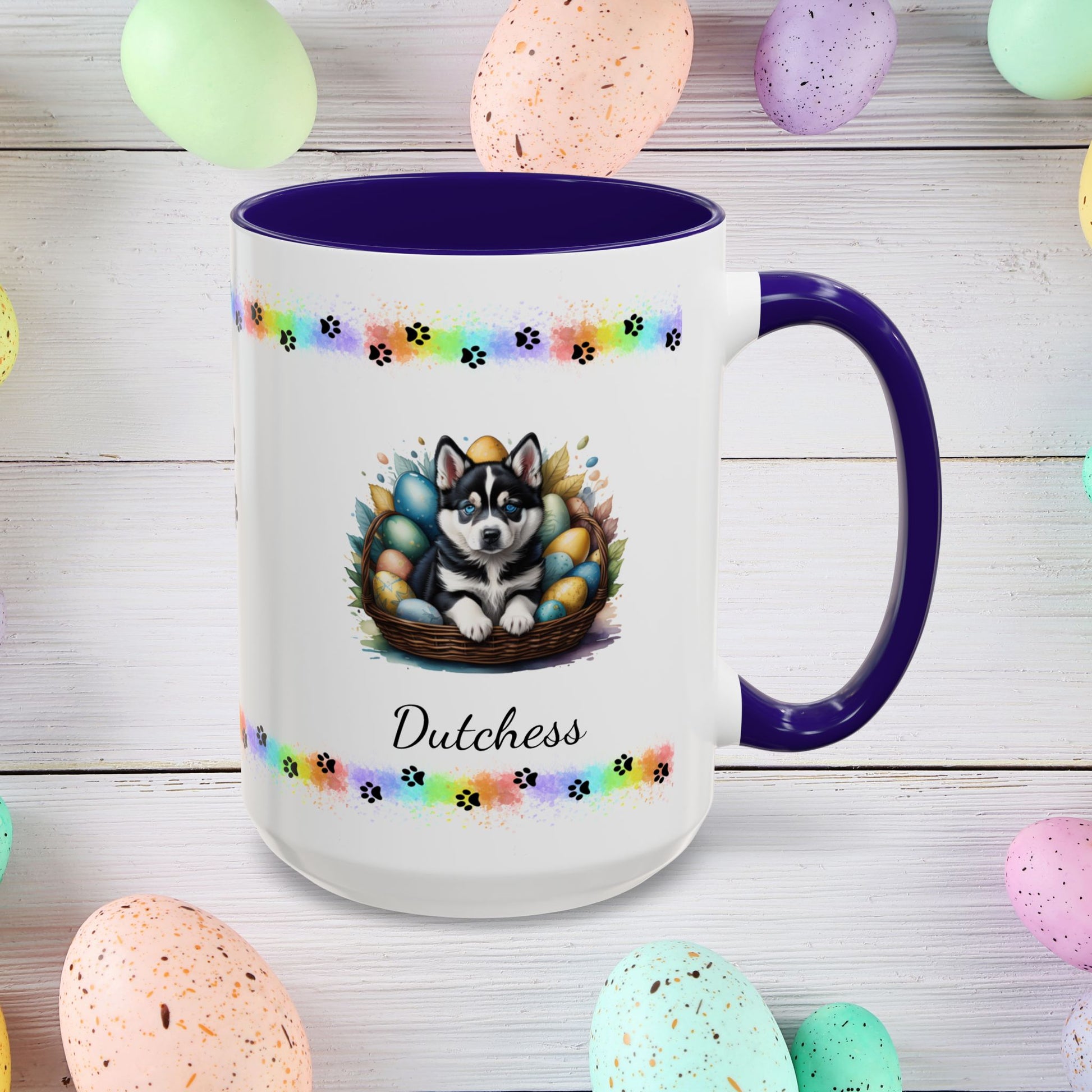 Siberian Husky: Personalized Easter Puppy Coffee Mug - Adorable Dog Design, Mental Health Gift, 11oz & 15oz, 12 Color Choices, Easter Gifts & Décor
