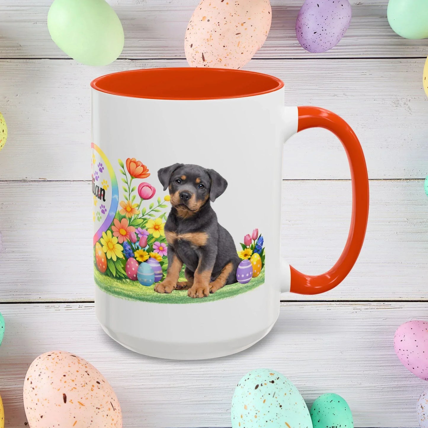 Shop our rottweiler blue puppy easter mug featuring the 15oz style option from MySisterIsASurvivor.