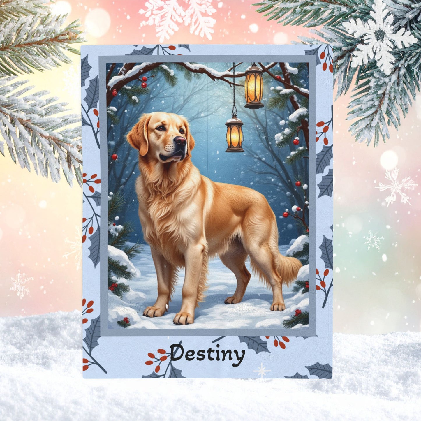 Golden Retriever Cream personalized winter throw featuring a smiling Golden Retriever in cozy snowy lodge décor