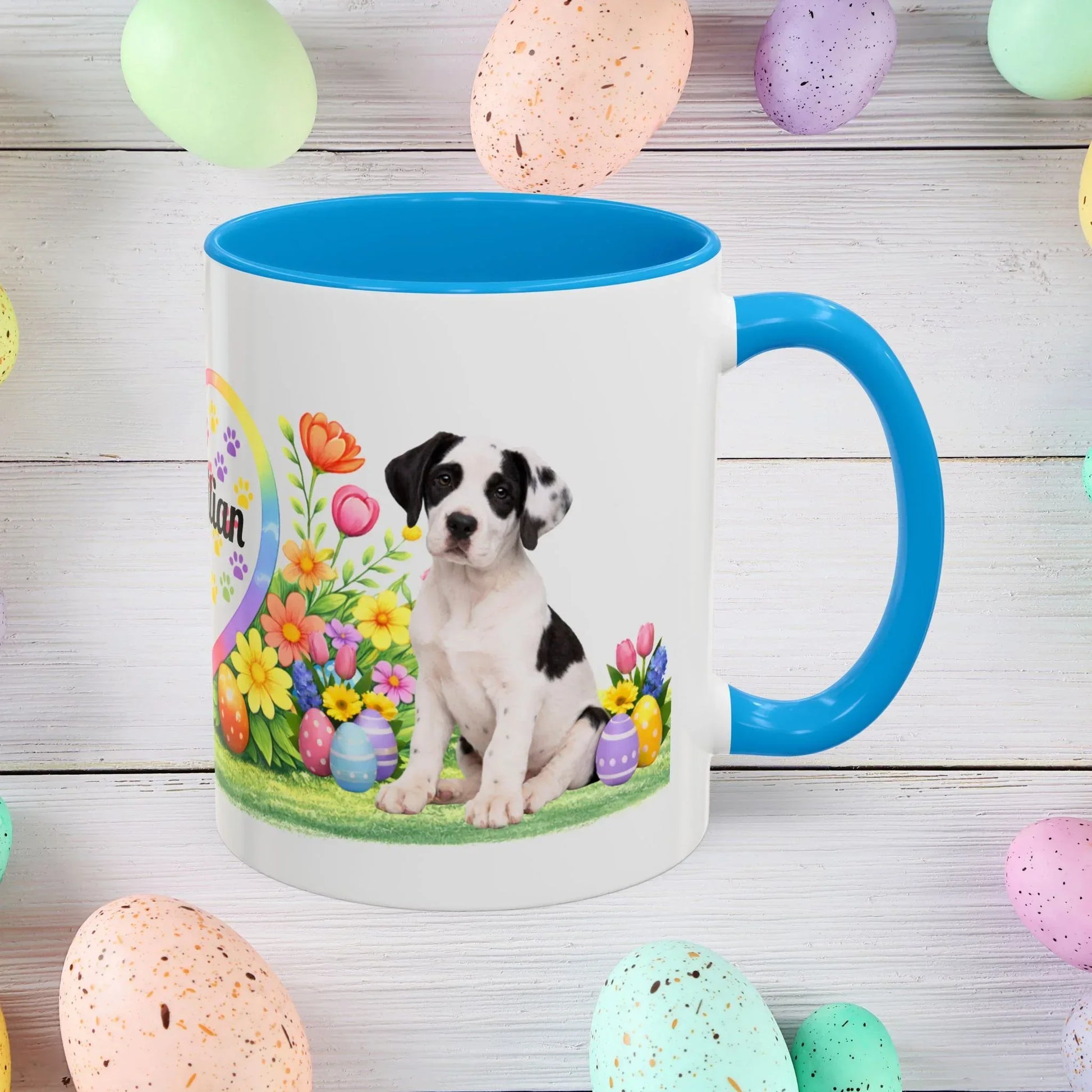 Shop our great dane piebald puppy easter mug featuring the 11oz style option from MySisterIsASurvivor.