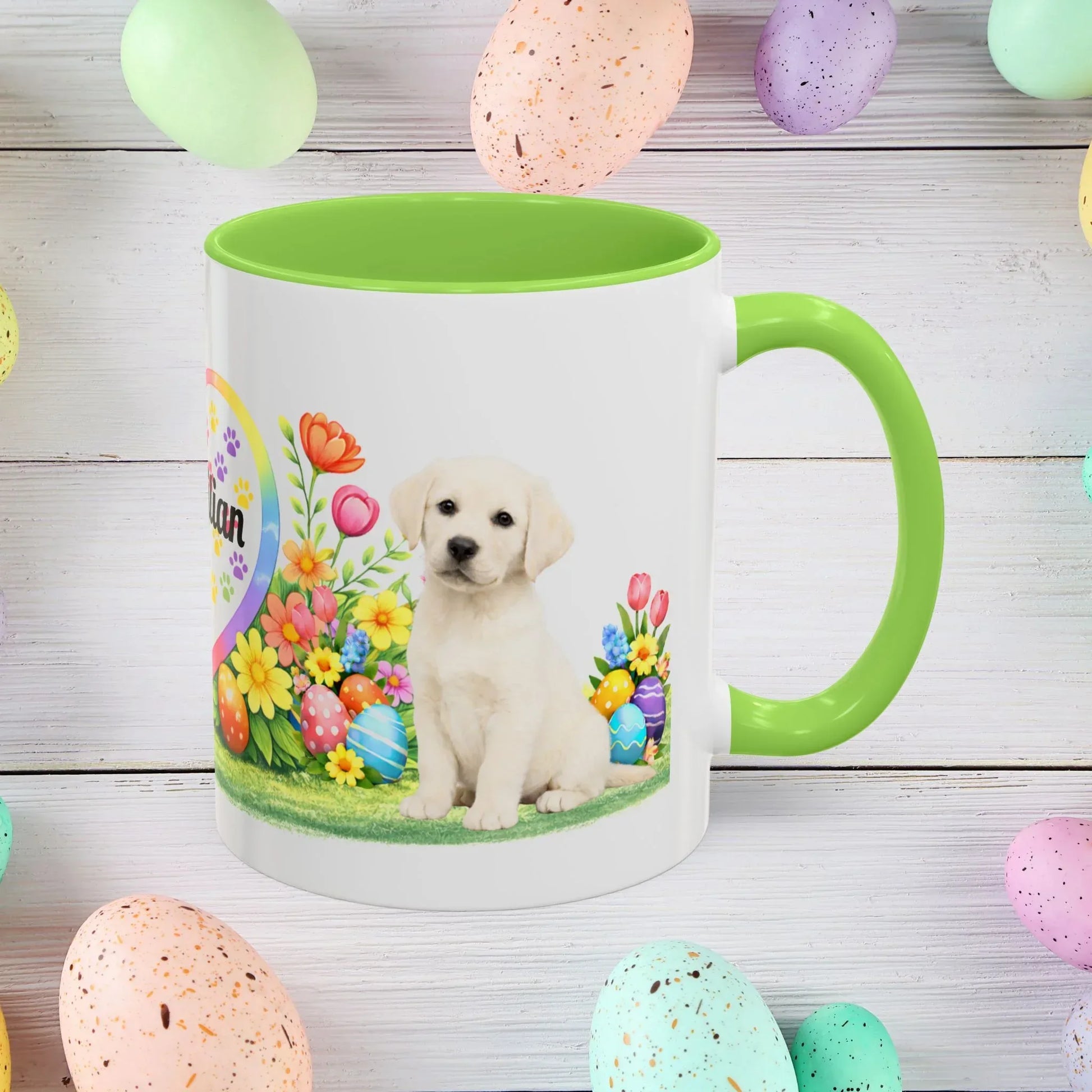 Shop our labrador retriever yellow creamy white puppy easter mug featuring the 11oz style option from MySisterIsASurvivor.