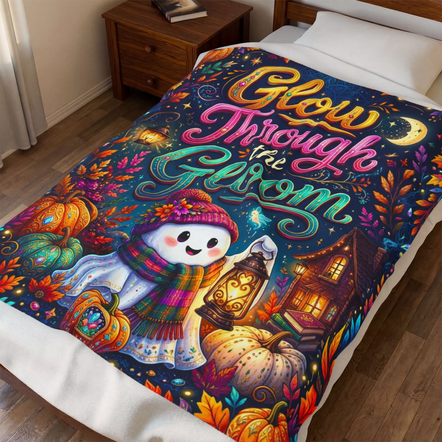 Glow Through the Gloom Velveteen Blanket - Ghost with Heart Lantern Jeweled Pumpkins and Cozy Cottage