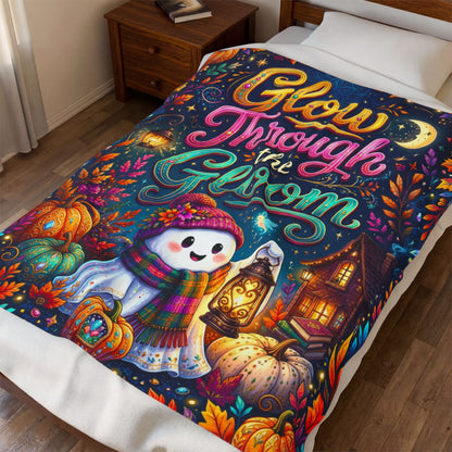 Glow Through the Gloom Velveteen Blanket - Ghost with Heart Lantern Jeweled Pumpkins and Cozy Cottage