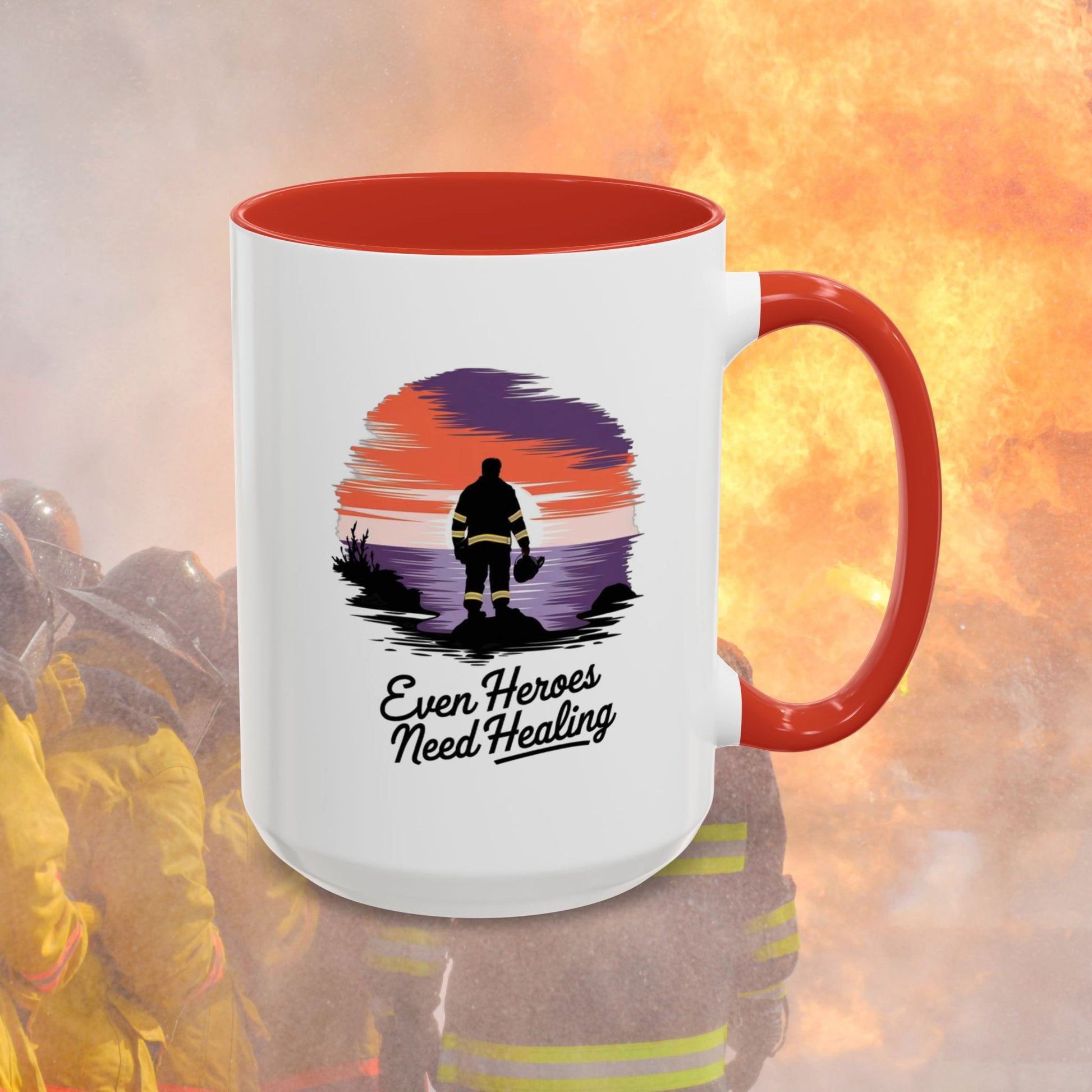 Even Heroes Need Healing, Firefighter - Mental Health Awareness for Firefighters, Accent Coffee Mug (11, 15oz)