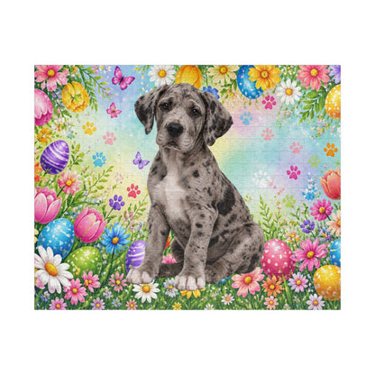 Great Dane (Merle) Easter Puppy Puzzle - Spring Garden with Eggs, Tulips, and Daisies