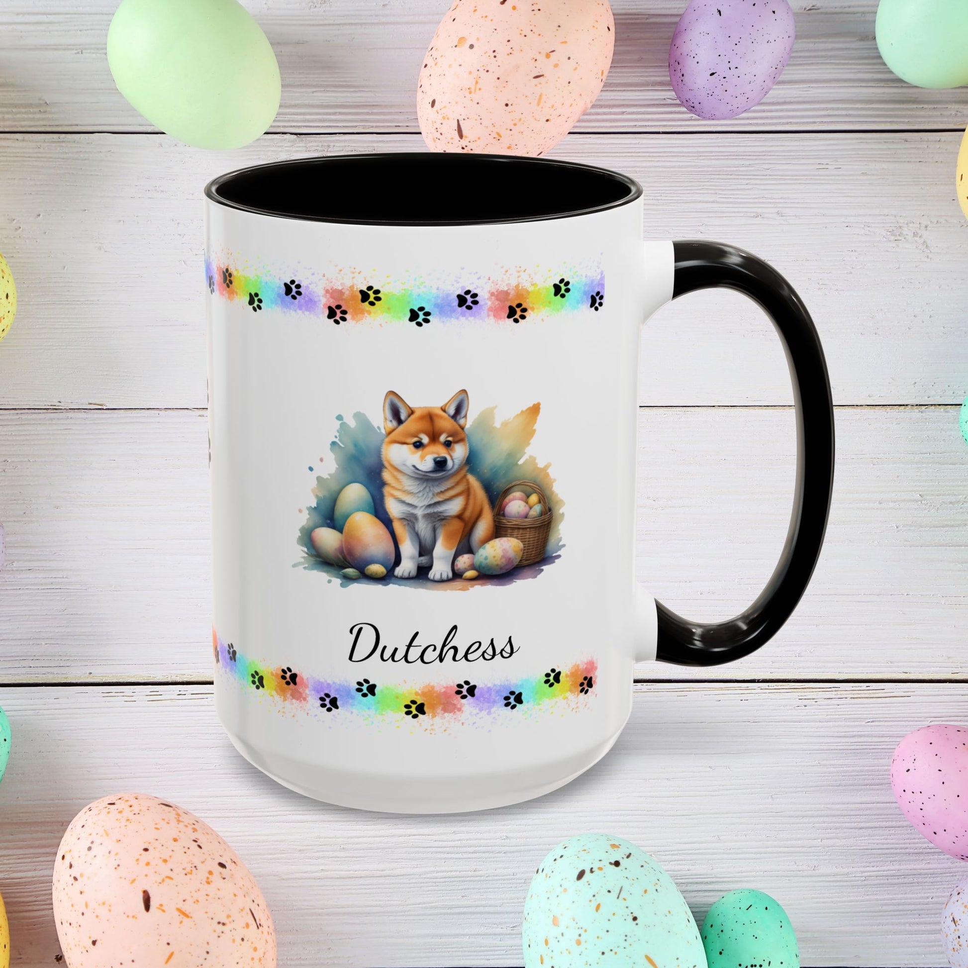 Shiba Inu: Personalized Easter Puppy Coffee Mug - Adorable Dog Design, Mental Health Gift, 11oz & 15oz, 12 Color Choices, Easter Gifts & Décor