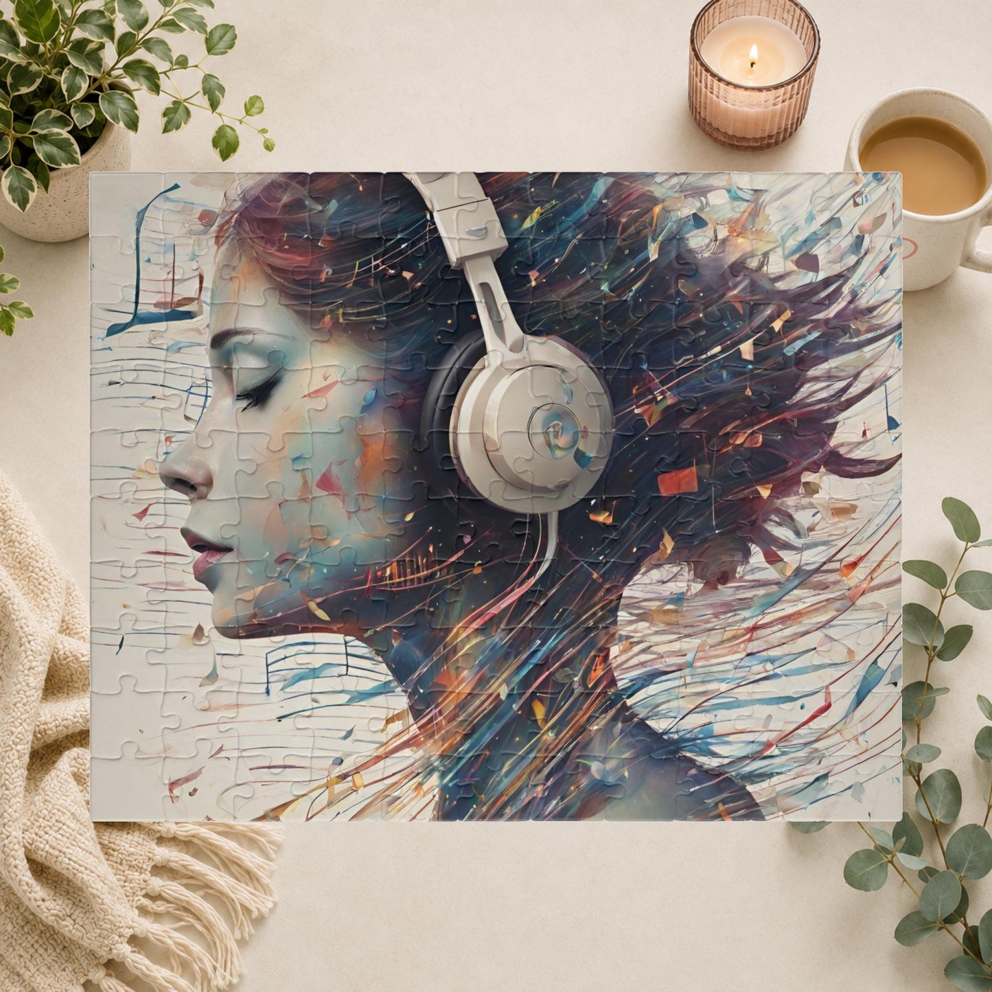 Music and Emotional Resonance - Woman with Headphones Puzzle with Colorful Music Notes and Paint Fragments